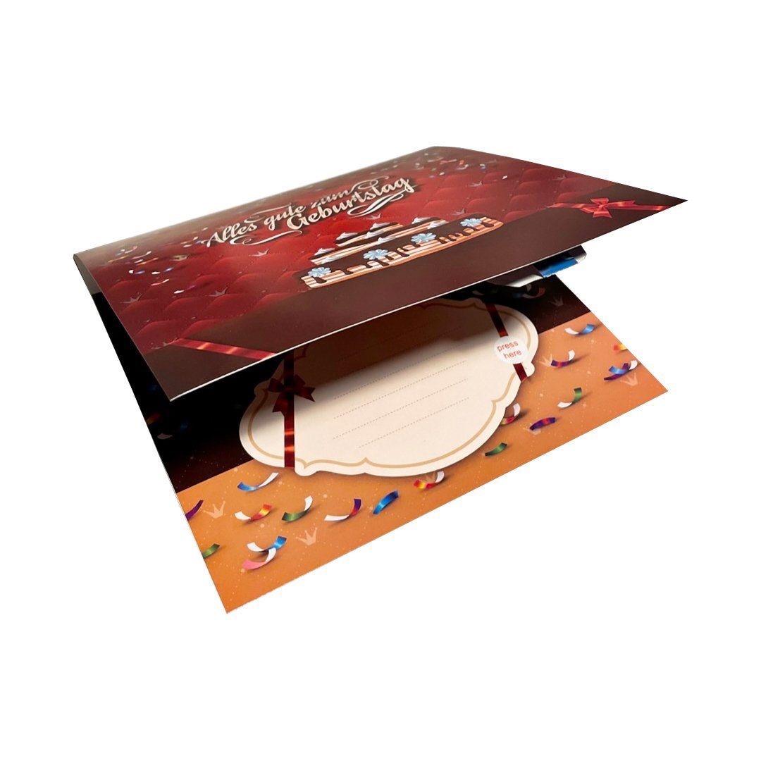 UNIQARD Glückwunschkarte UNIQARD® 3D Pop-Up Kuchen Cake Geschenk Männer und Geburtstagskarte mit Geburtstagstorte Aufnahmefunktion Rot für Ideal als Schön