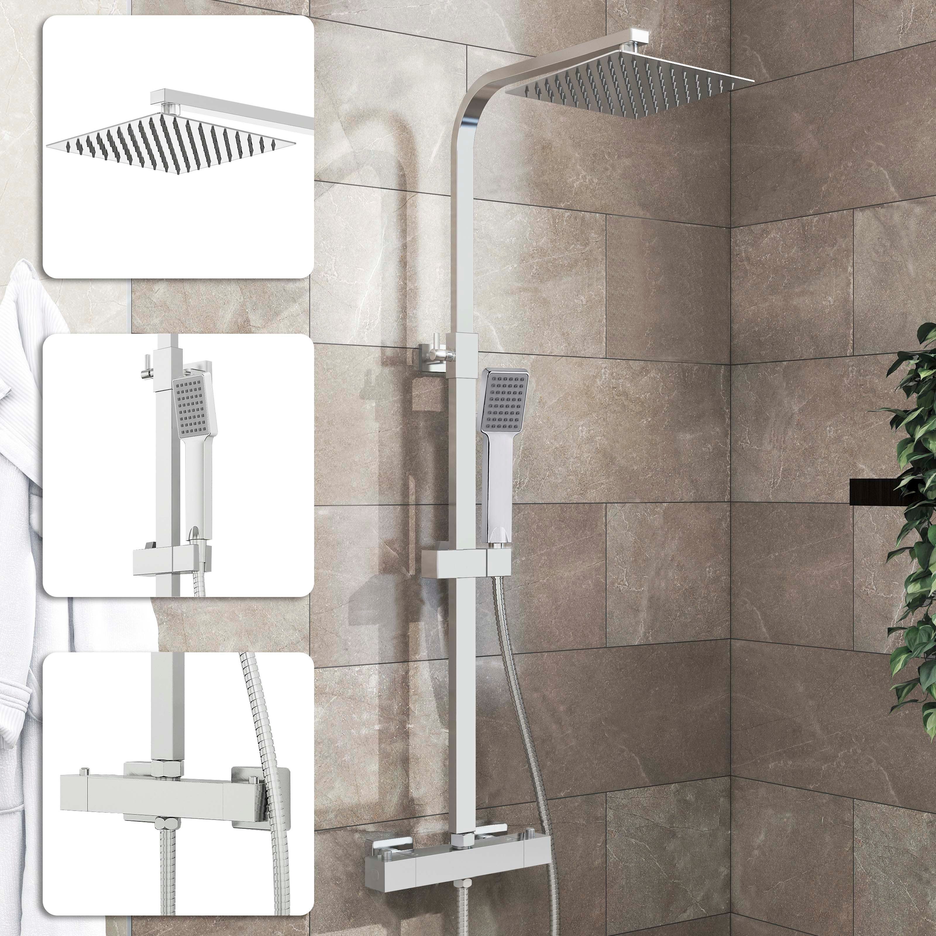duschspa Duschsystem 20x20cm eckig Regenduschset mit Kopfbrause, Wandmontage mit Thermostat Regendusche Chrom/Schwarz Quadratisch