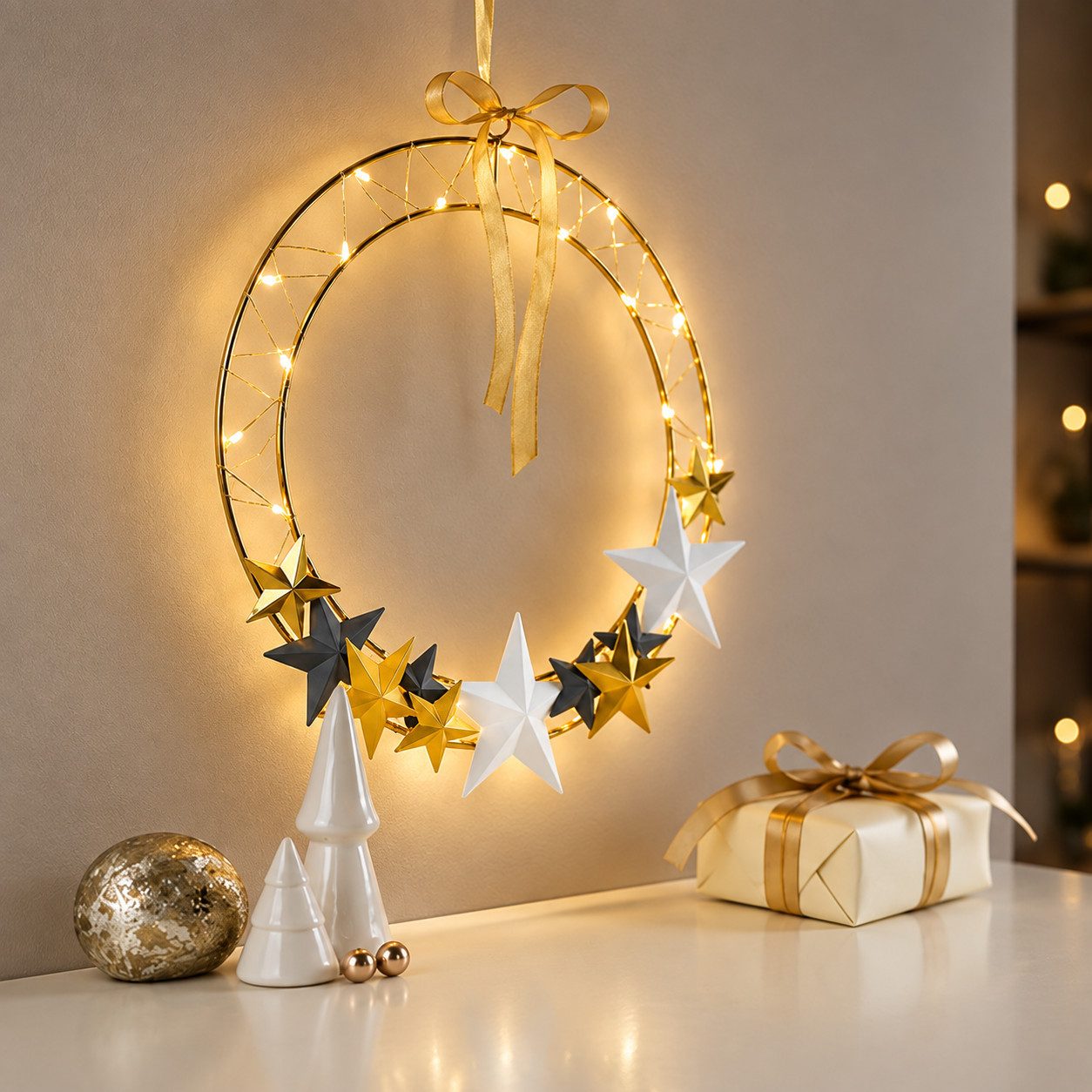 Weltbild Dekolicht LED Beleuchtung 30cm Metallring Weihnachtsdeko Leuchte Dekoration, Weihnachtsbeleuchtung Lichtdeko Advent Deko Fenster Wand – Bild 4 von 5