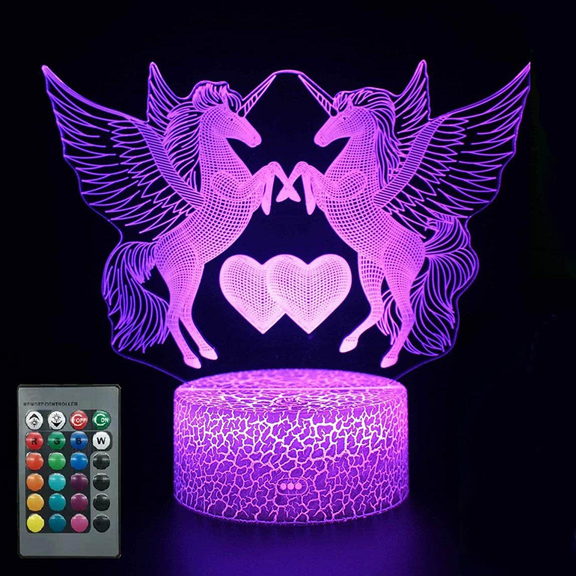 Rosnek LED Nachttischlampe LED 3D Einhorn Nachtlichter Tischlampe Nachttischlampe, 16Farben/Fernbedienung, 16 Farbwechsel, Fernbedienung