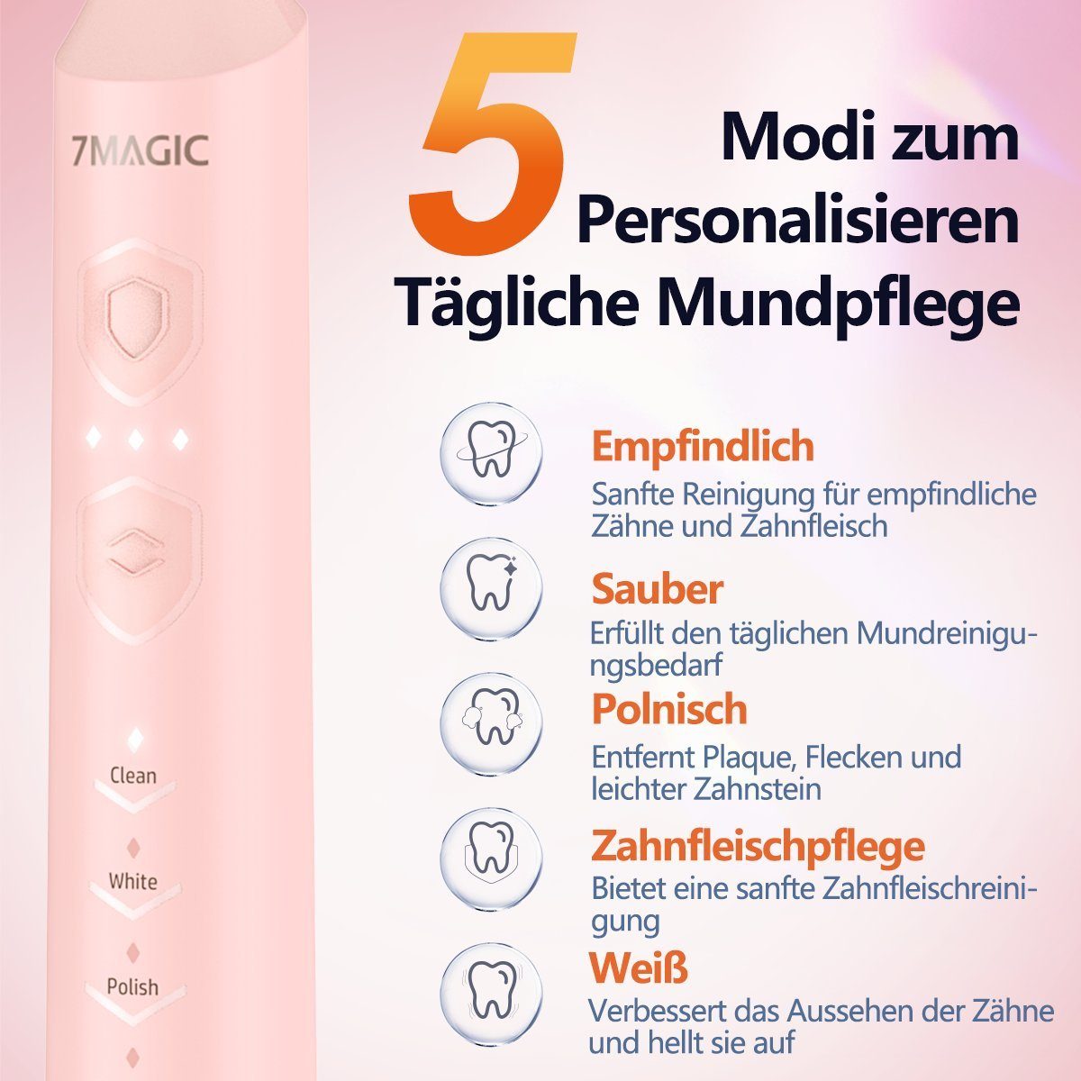 MCURO Schallzahnbürste Elektrische Zahnbürste mit Schalltechnologie 40000VPM UIltraschall, Aufsteckbürsten: 6 St., für Erwachsene und Kinder, 5 Zahnputz-Modi,Putzdauer-Erinnerung, Wasserdicht