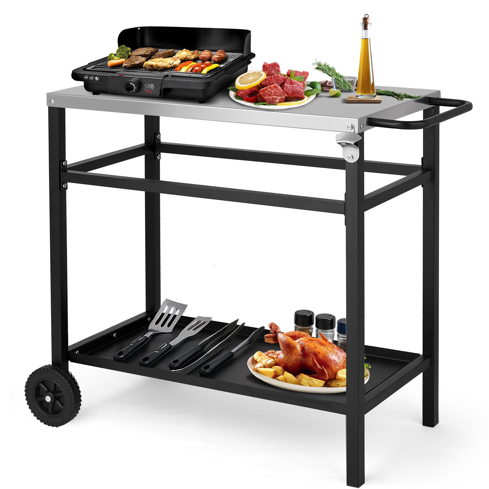 LALAHO Grillablagetisch Grilltisch Outdoor Schreibtisch aus Edelstahl Silber, Beistelltisch mit Rädern, 95 x 51 x 83 cm