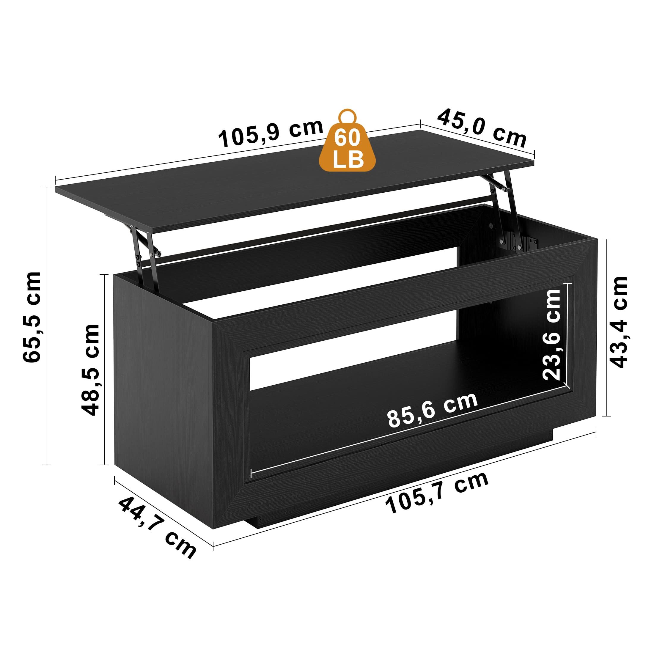 FABATO Couchtisch Multifunktionaler hebbarer Couchtisch mit Stauraum (1-St), aus Holz in Schwarz – ideal als Wohnzimmer-Mitteltisch