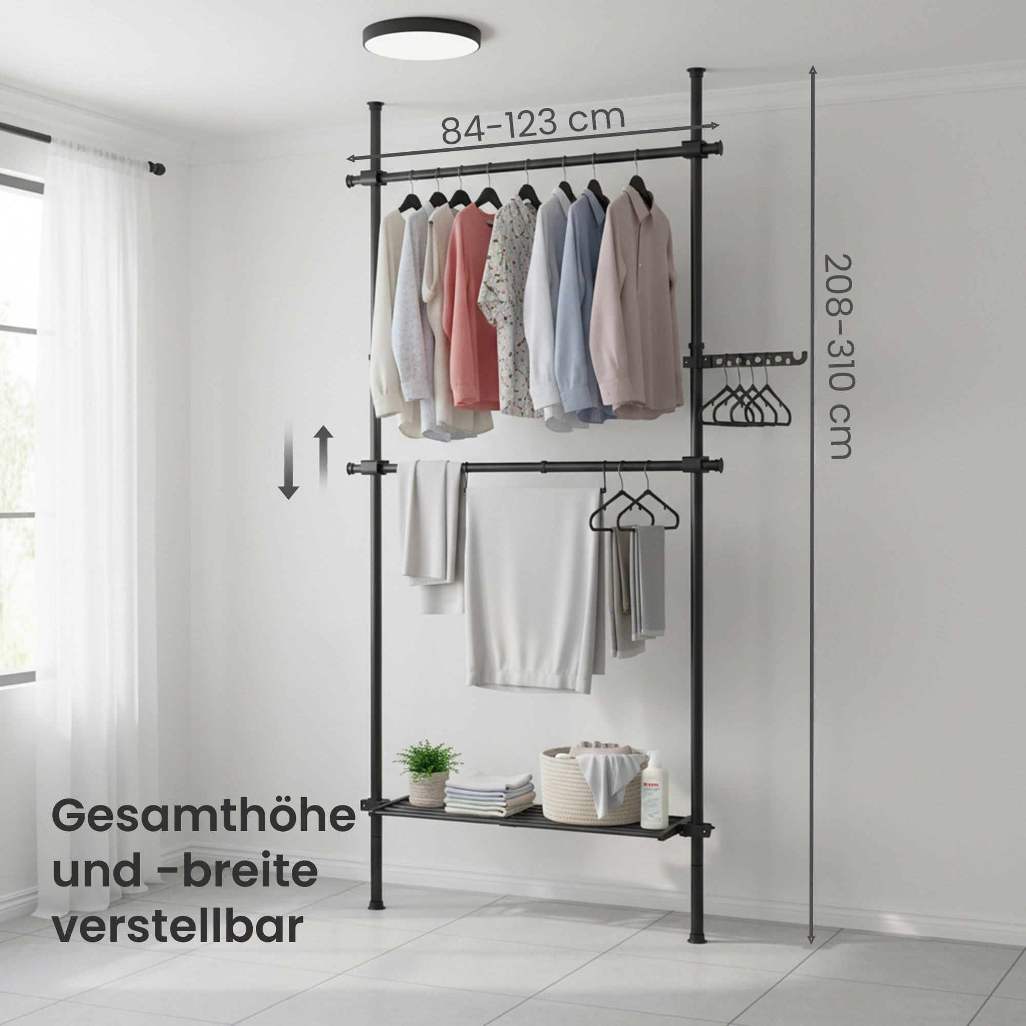 SONGMICS Kleiderständer deckenhoch, 3-stufige Garderobe, höhen und breitenverstellbar, offener, (mit abnehmbarer Ablage), Garderobenleiste, Greifarm, bis 47,5 kg belastbar, 123 x 208 x 33.5 cm