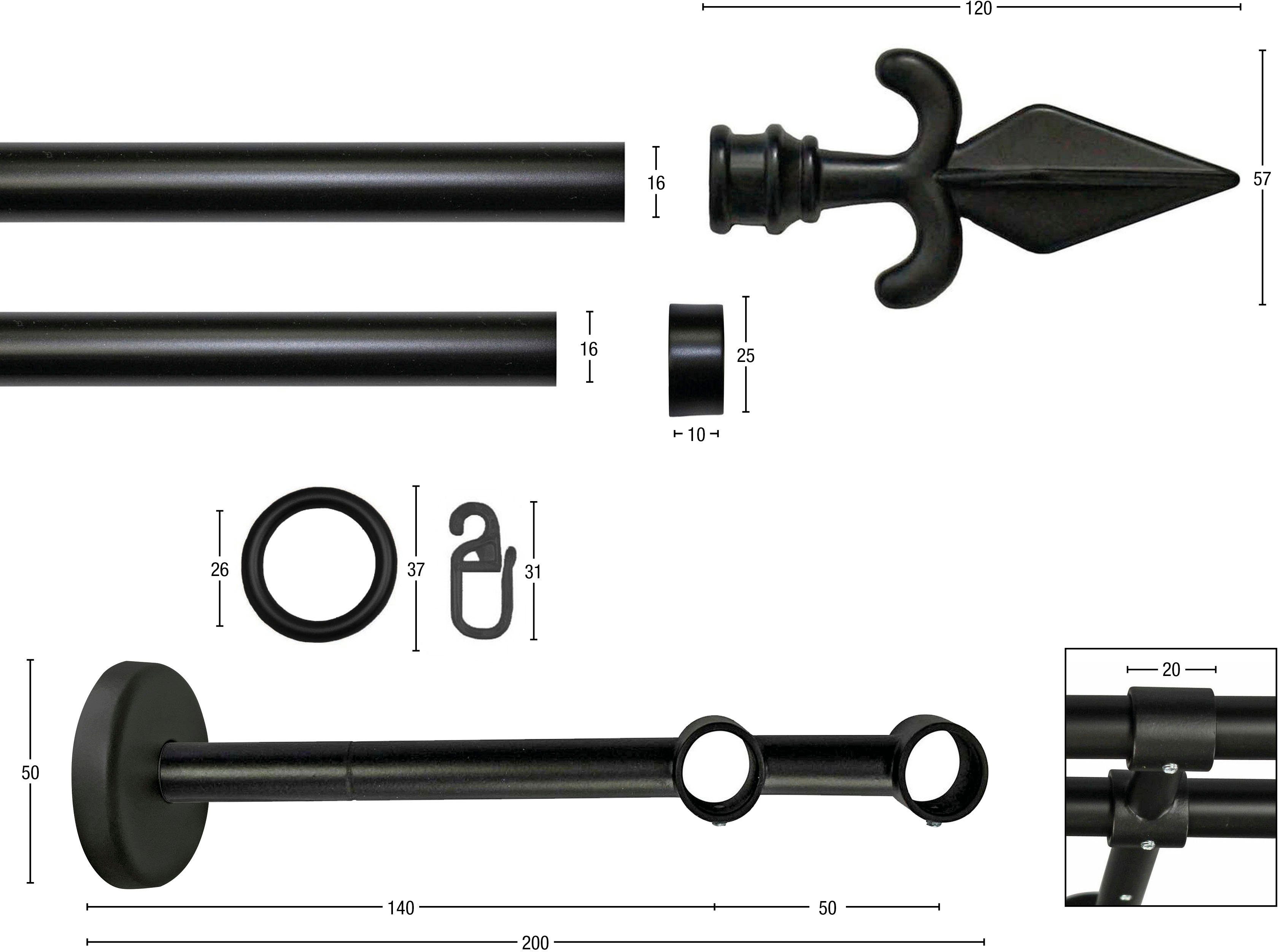GARESA Gardinenstange RUSTIKA, Ø 16 mm, 2-läufig, Wunschmaßlänge, verschraubt, Metall, rustikale Vorhanggarnitur, verlängerbar, m. Ringe, Endknopf Pfeil