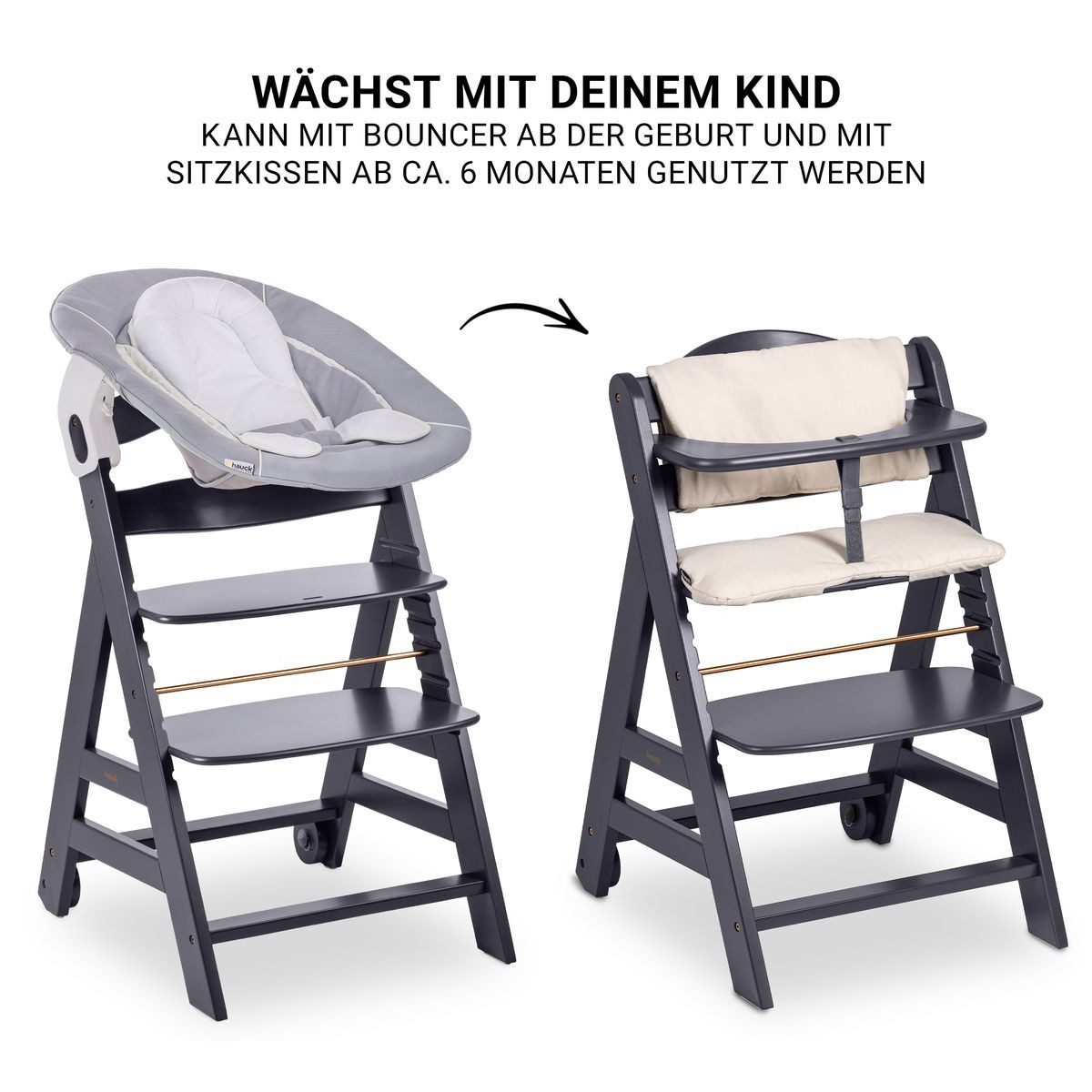 Hauck Hochstuhl Hauck Beta Plus Newborn Set - Dark Grey, Holz Babystuhl ab Geburt mit Neugeborenenaufsatz, Sitzkissen, Essbrett – Bild 4 von 5