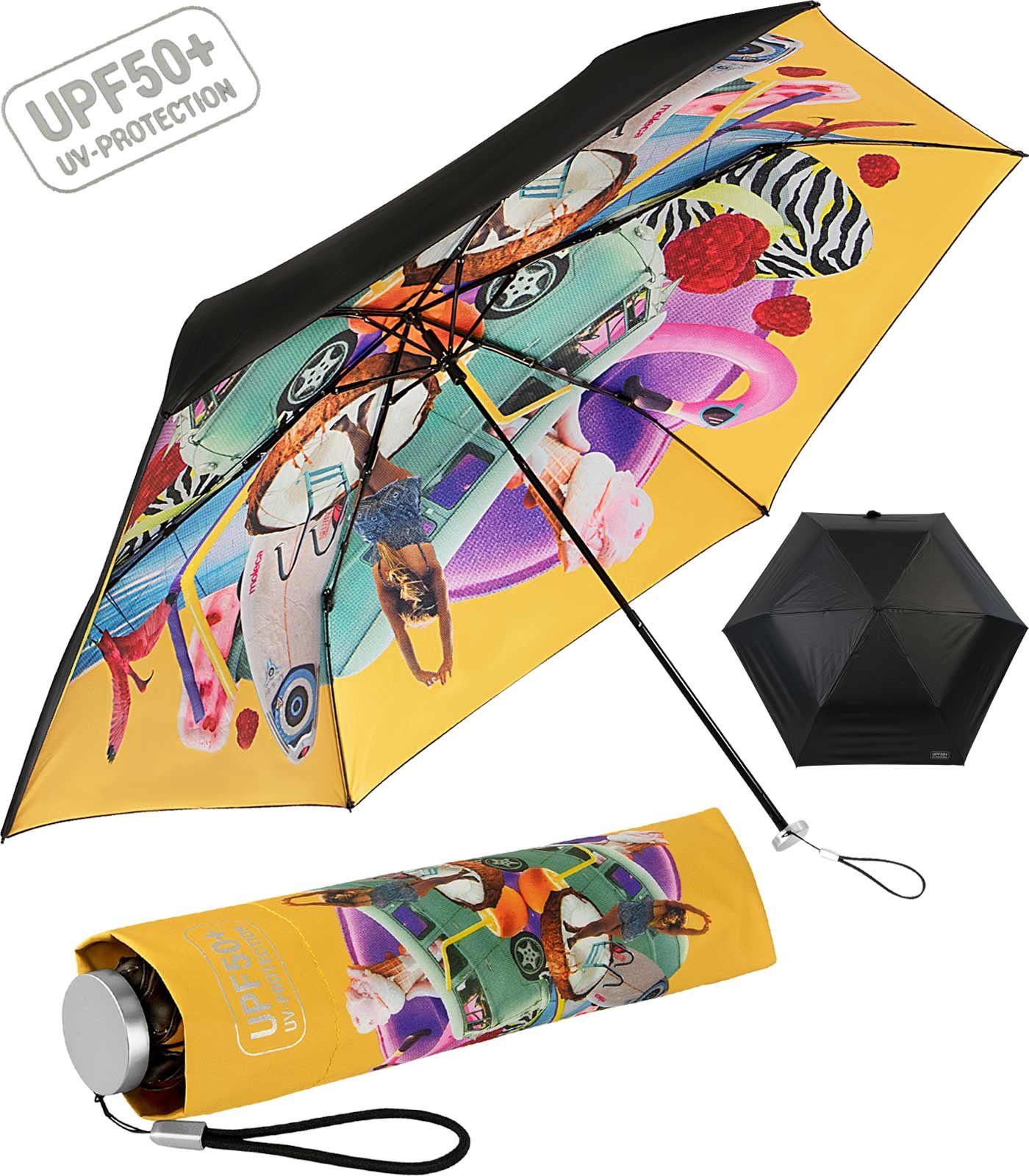 gelb bedruckt, extrem Impliva lichtundurchlässiges Taschenregenschirm UV-protection UPF50+ von Supermini Schirm, - Innen bedruckt leichter Dach, miniMAX®