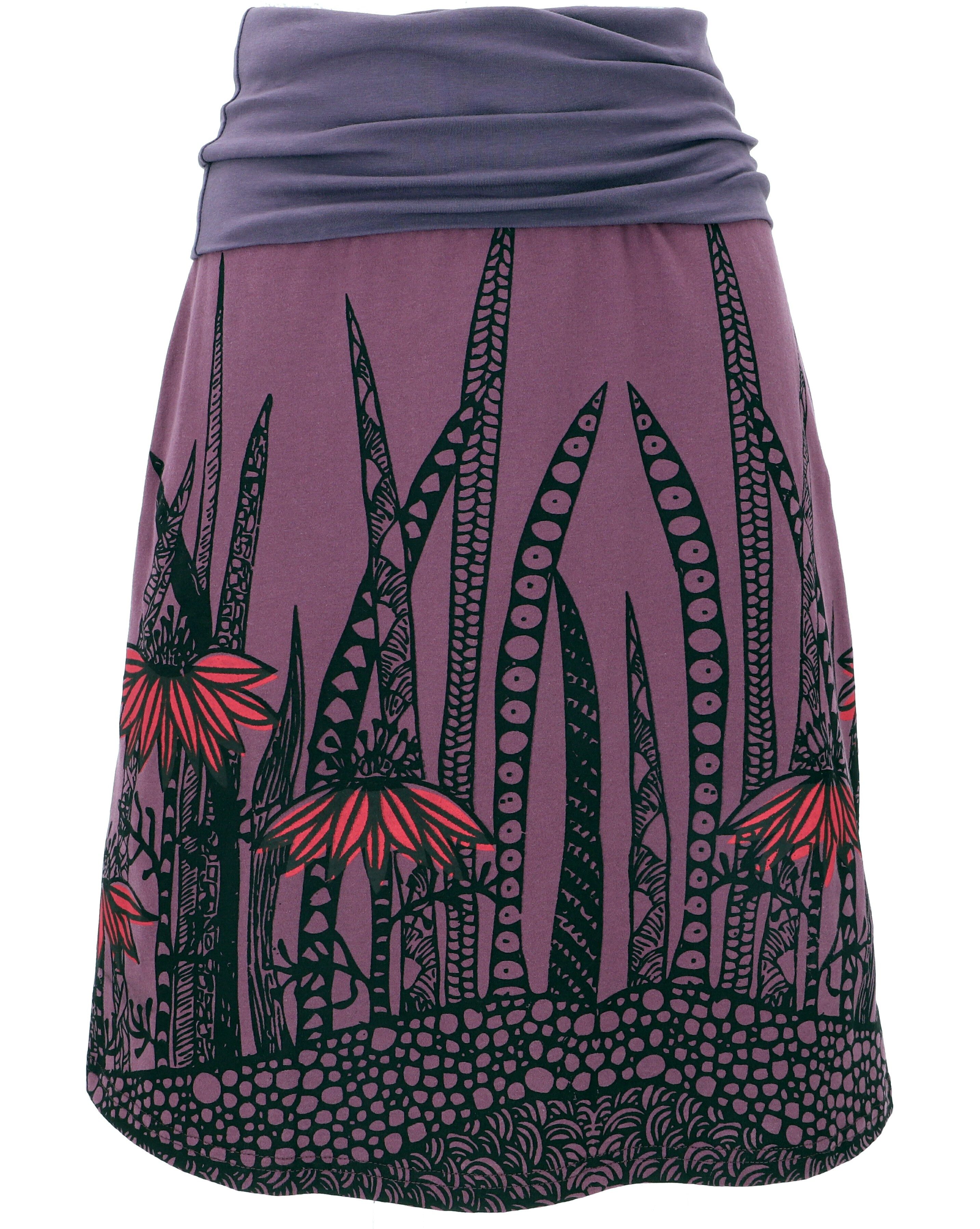 Guru-Shop Minirock Rock aus Bio-Baumwolle mit breitem Bund - lila Ethno Style