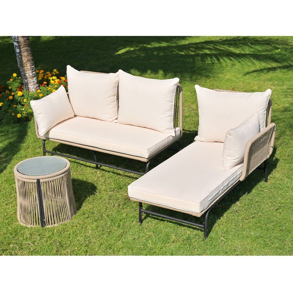 Fangqi Gartenlounge-Set Gartenmöbel aus gewebtem Seil für den Außenbereich  mit Tisch, (L-förmiges Gesprächsset mit Tisch, Beige, 194 cm (L) x 130 cm  (B) x 80 (H)