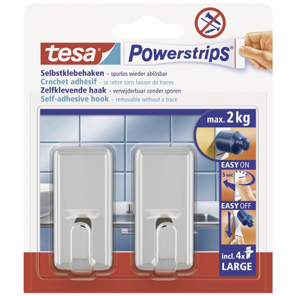 tesa Klebehaken tesa POWERSTRIPS® Klebehaken Large Classic Chrom Inhalt: 2 St., (POWERSTRIPS)