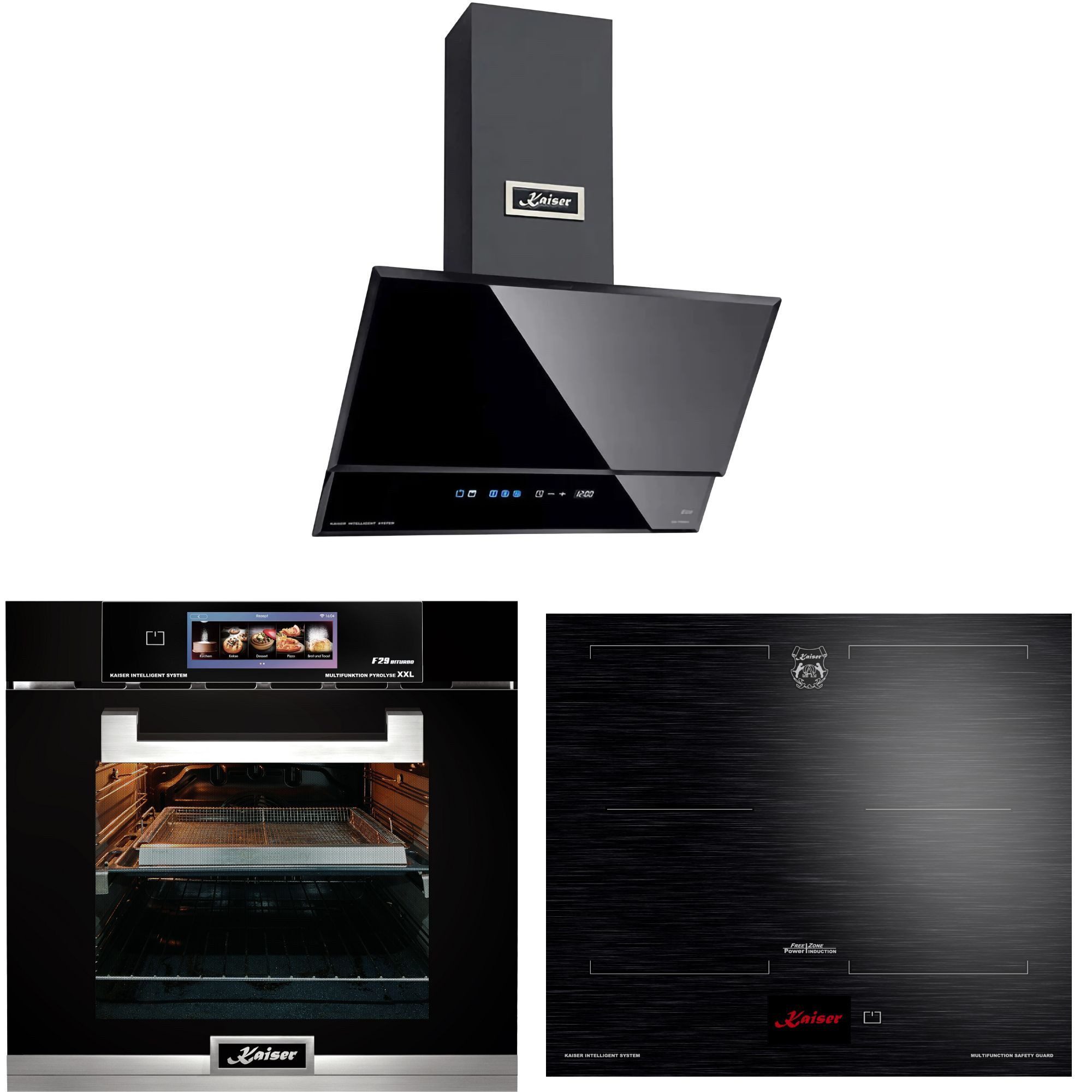 Kaiser Küchengeräte Backofen-Set Herd Set Autark Einbaubackofen Schwarzes Glas,86L,60 cm, Air fryer,TFT,Bratautomatik mit Induktionskochfeld 60 cm FREE ZONE mit 2 FLEX Induktions-Zonen TFT Display+Dunstabzugshaube 60 cm EH 6344 N+KCT 6140 FI+AT 6410 F ECO., mit 1-fach-Teleskopauszug, Einbaubackofen 60 cm+Induktionskochfeld 60 cm+Dunstabzugshaube 60 cm