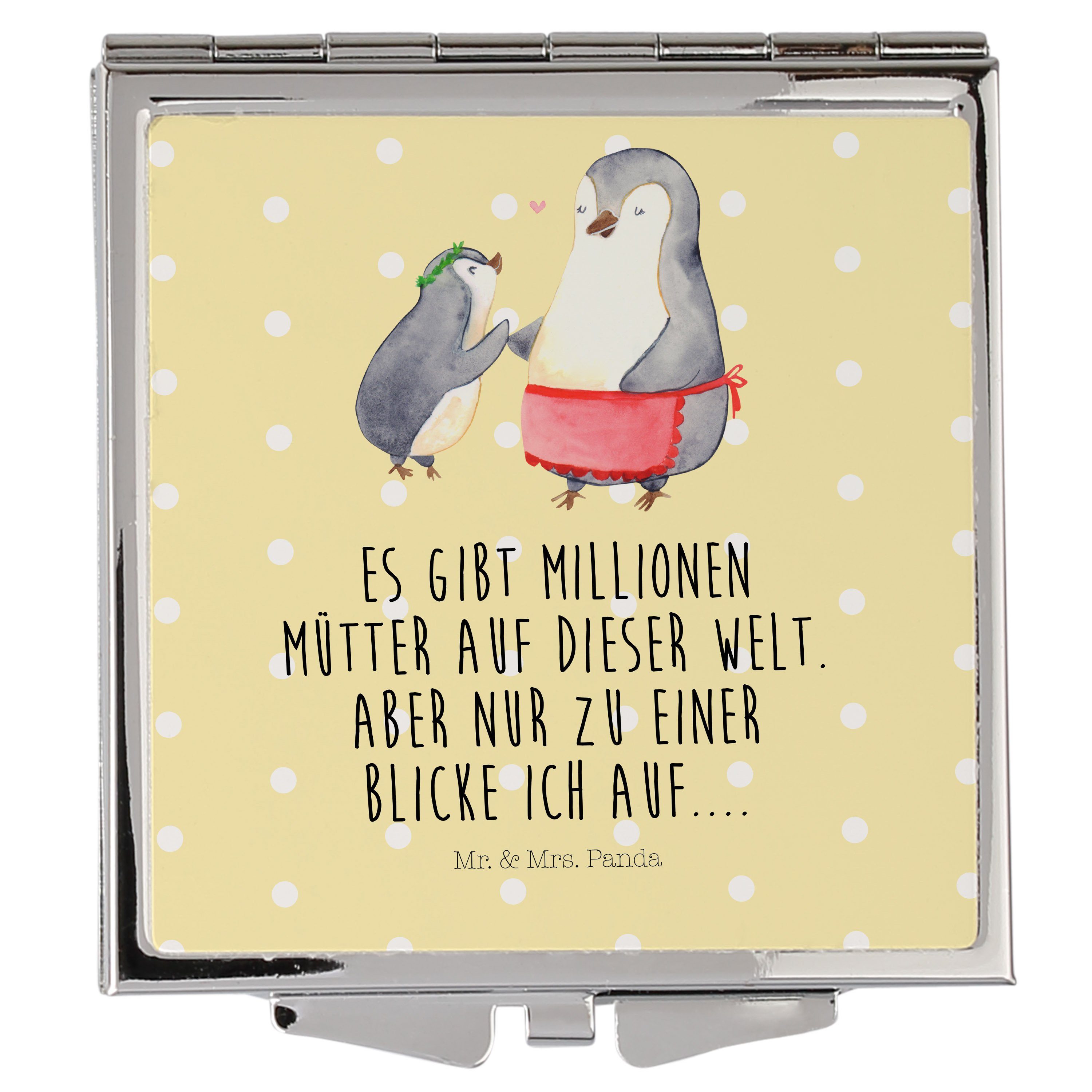 Mr. & Mrs. Panda Kosmetikspiegel Pinguin mit Kind - Gelb Pastell - Geschenk, Geburststag, Mutter, Mutt (1-St)