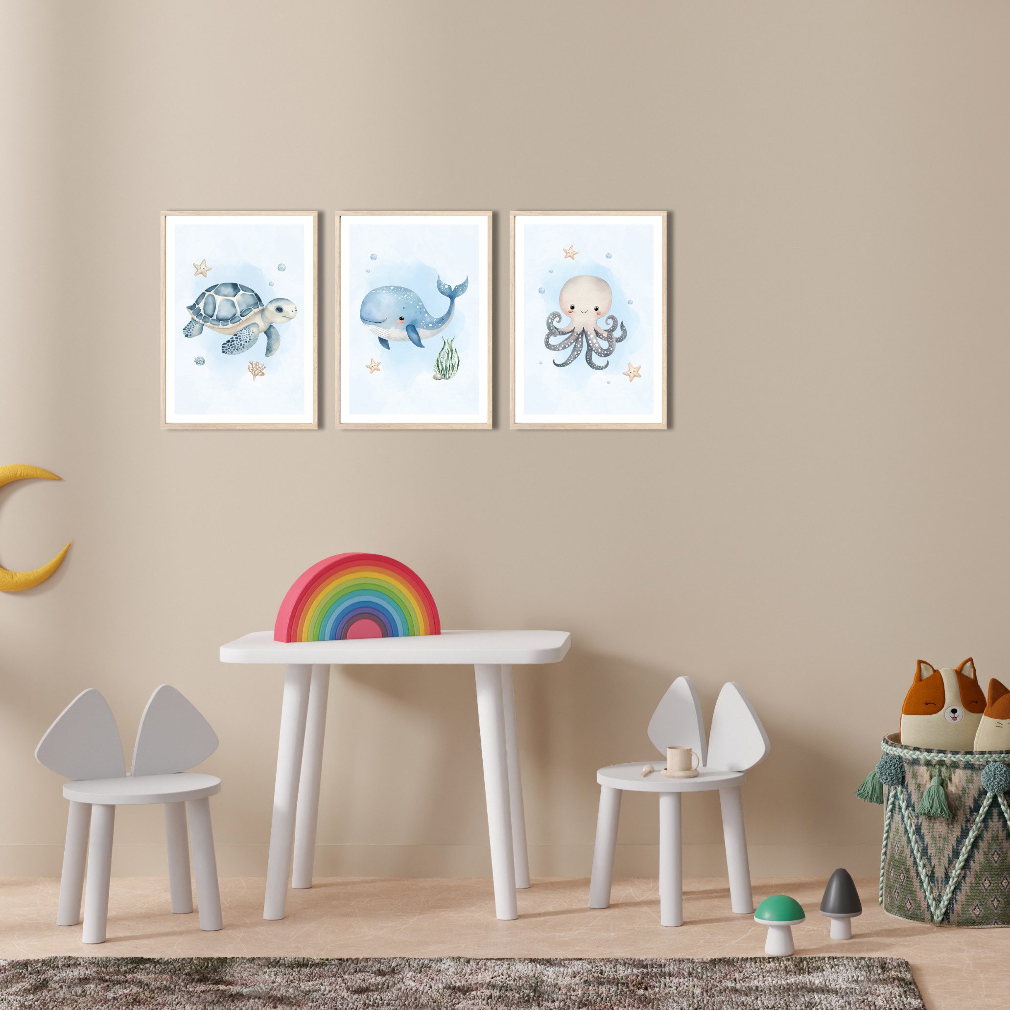 MeinBaby123® Poster Kinderzimmer Meerestiere, Kinderzimmer Deko, Kinderzimmer Bilder, Unterwasserwelt, süßer Wal, Schildkröte, Qualle – Bild 3 von 5