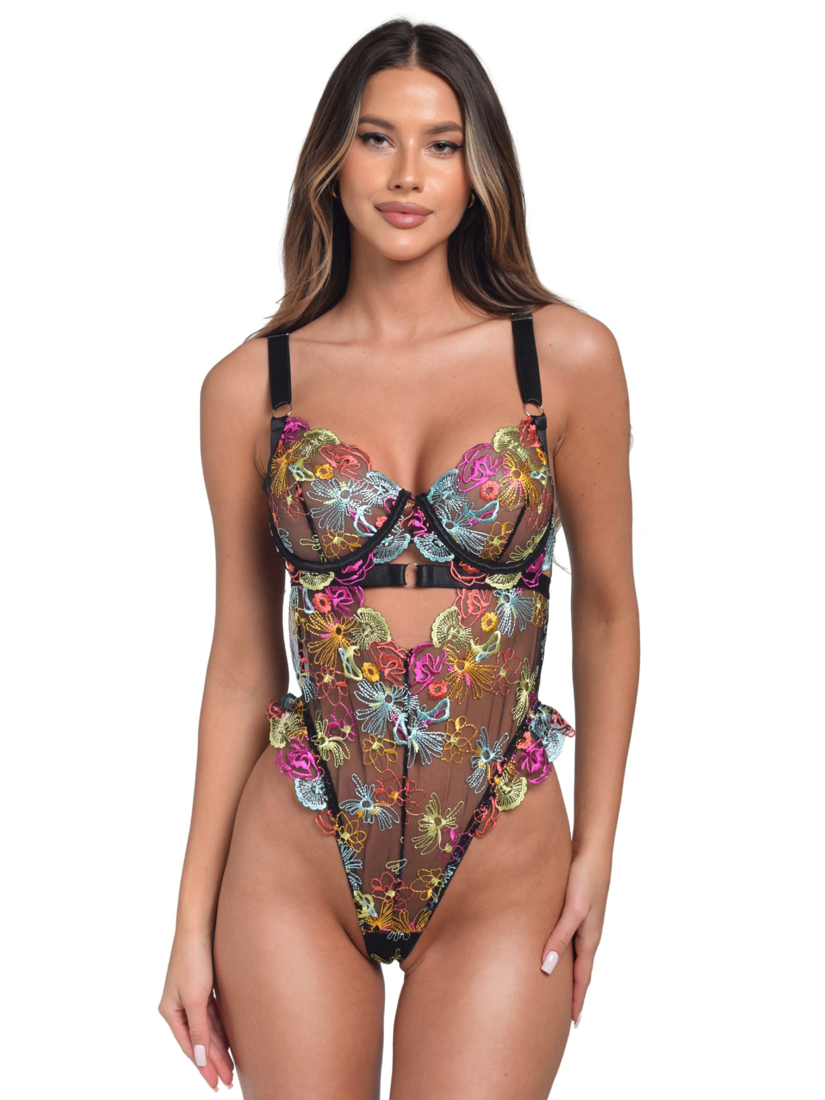 Elegant Love Body Bestickter Damen Bodysuit, verführerische Dessous, sexy Mesh Lingerie elegante Reizwäsche
