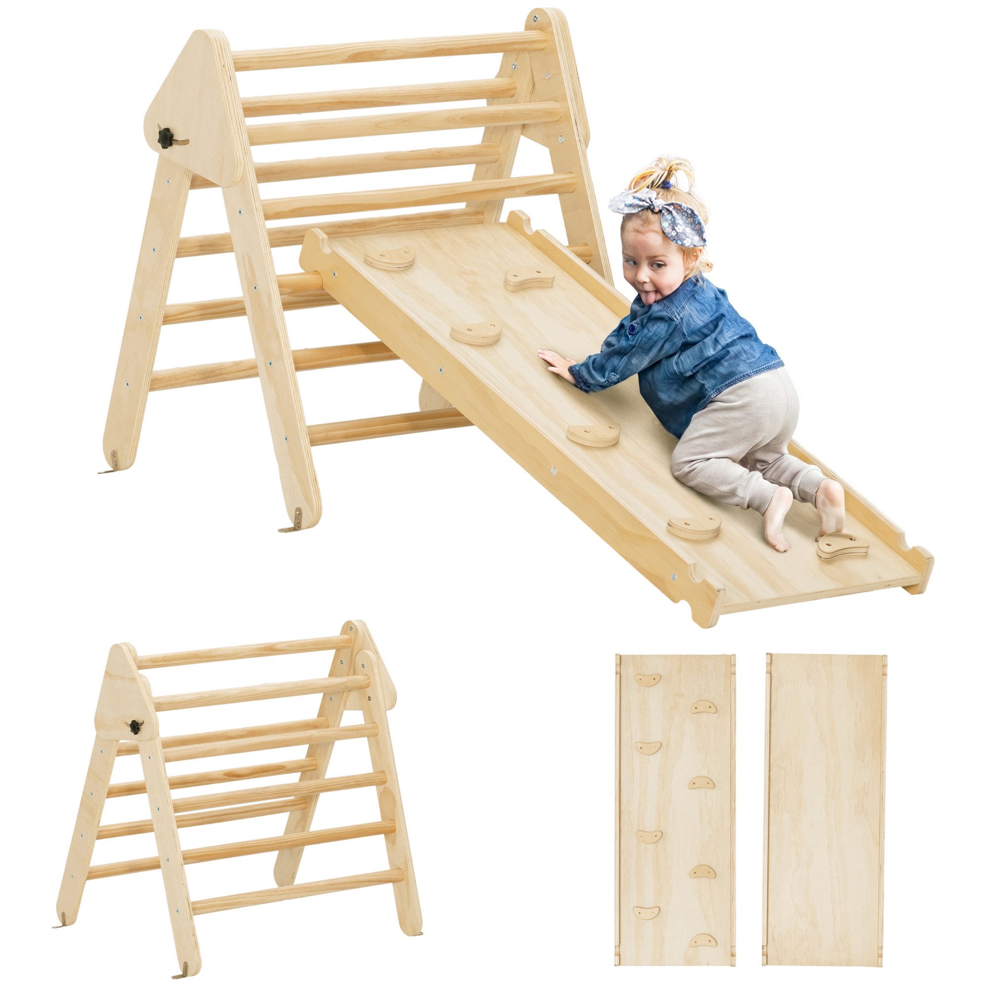 AIYAPLAY Klettergerüst Montessori Holz Spielplatz, (Kletterspielzeug, 2-St., Kletterdreieck zum Rutschen und Klettern), für Kinder 1,5-4 Jahre, Indoor, Naturholz