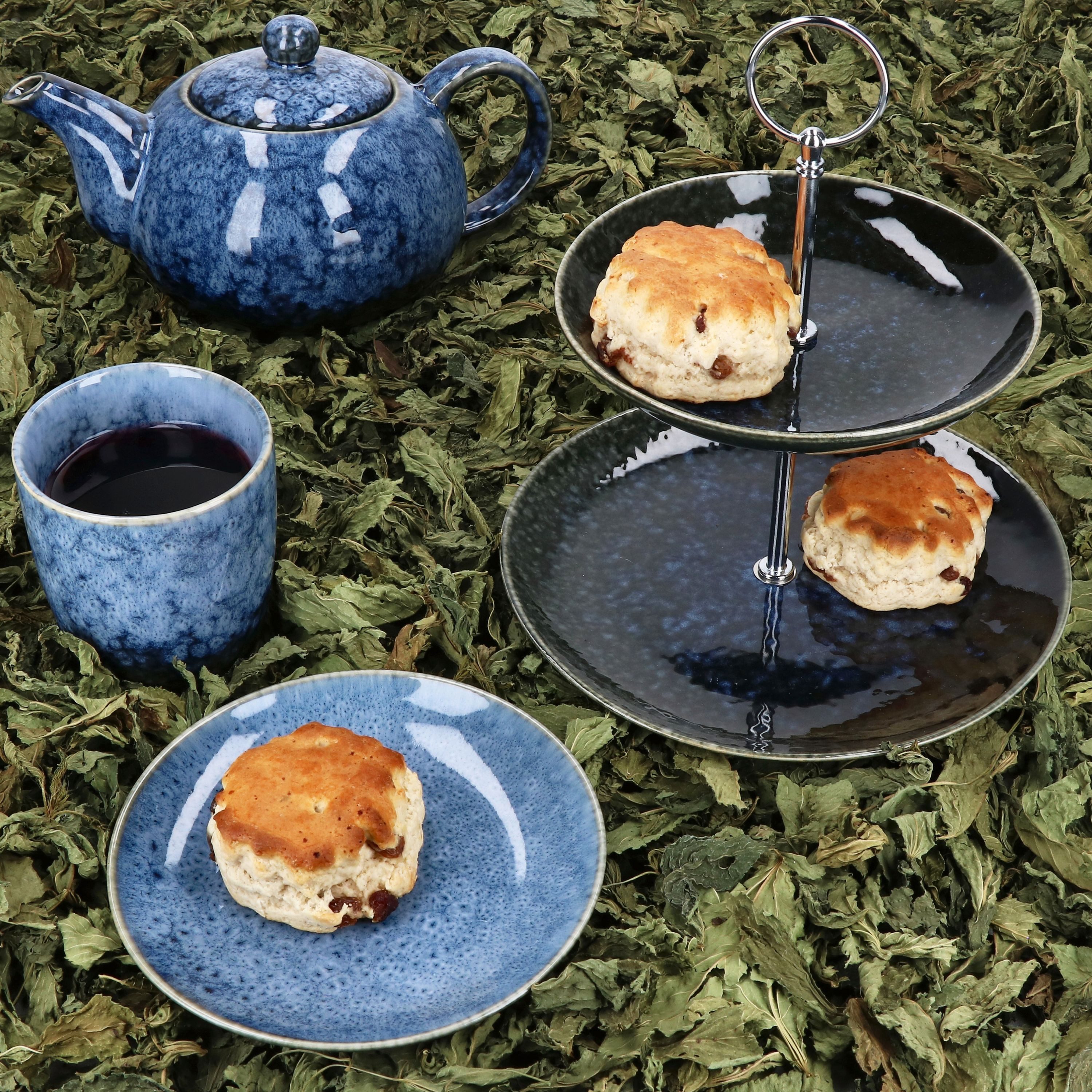 MamboCat Teekanne 10tlg Teeset Scones Blau Etagere Kanne Becher Teller 4 Pers Teeservice
