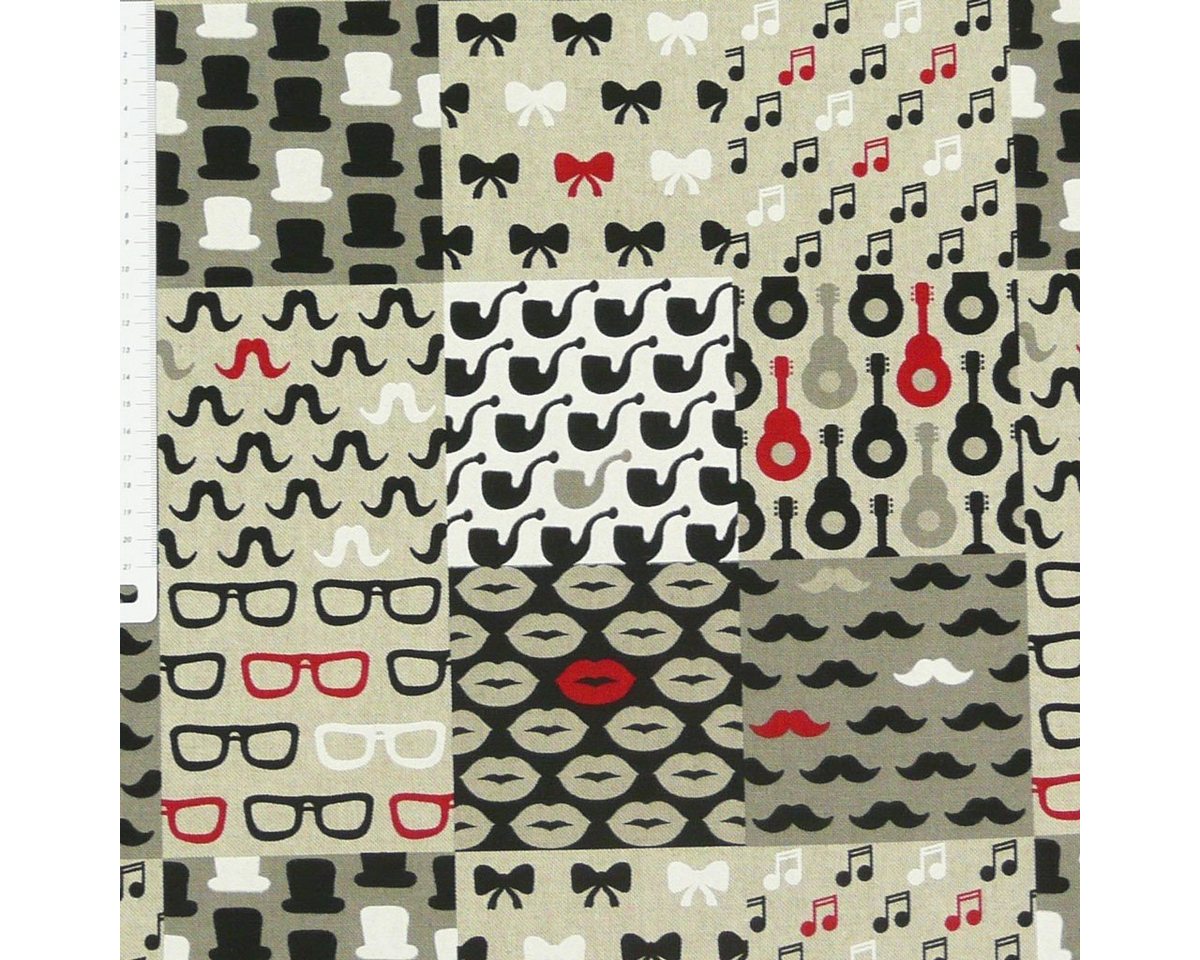 Thumbnail - SCHÖNER LEBEN. Stoff Dekostoff Patchwork Moustache Brille Noten Pfeife Gitarre