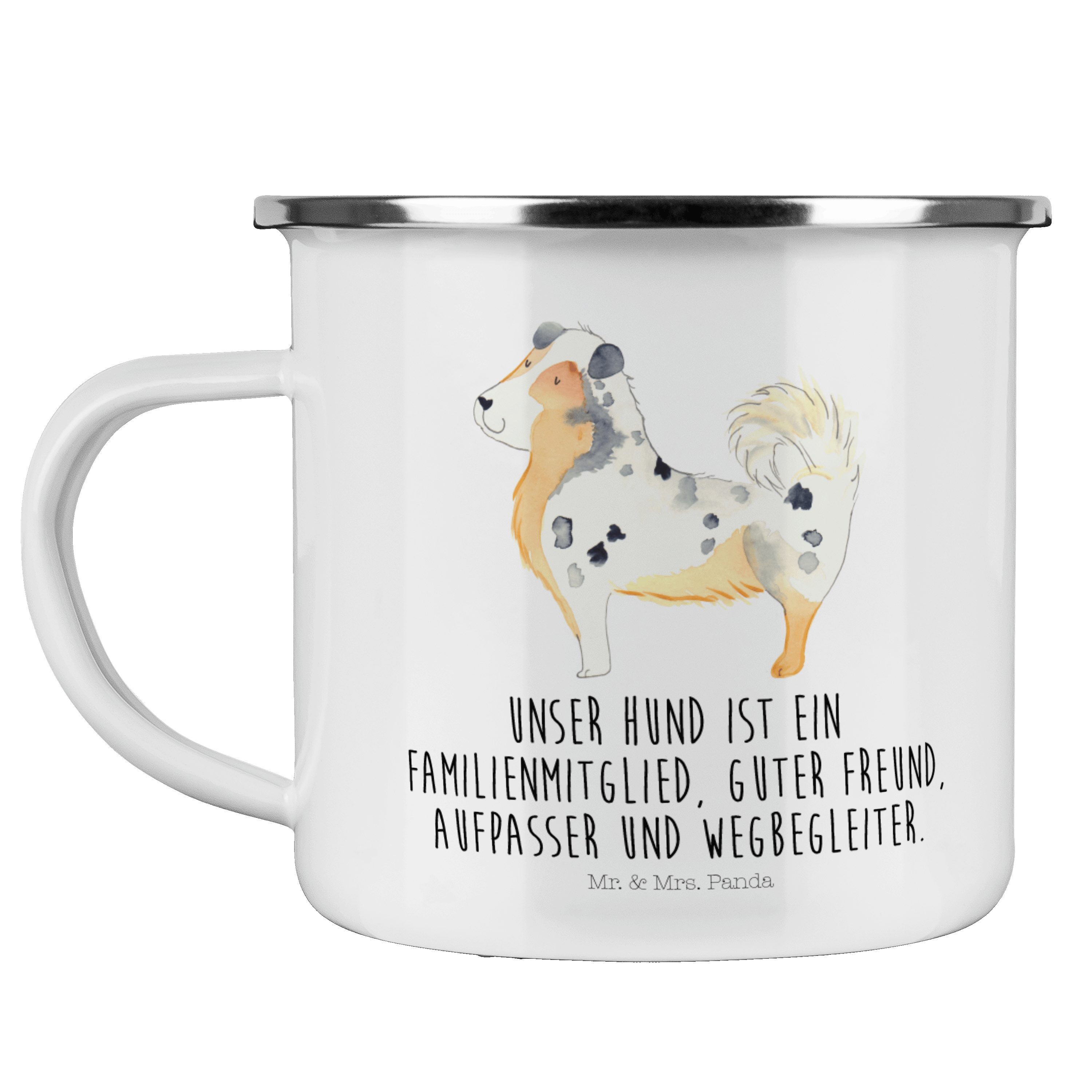 Mr. & Mrs. Panda Becher Australien Shepherd - Weiß - Geschenk, Hundemama, Blechtasse Outdoor, Emaille