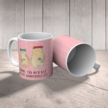 Mr. & Mrs. Panda Tasse Bären mit Blumenkranz - Rot Pastell - Geschenk, Tasse, Kaffeebecher, Keramik, Exklusive Motive