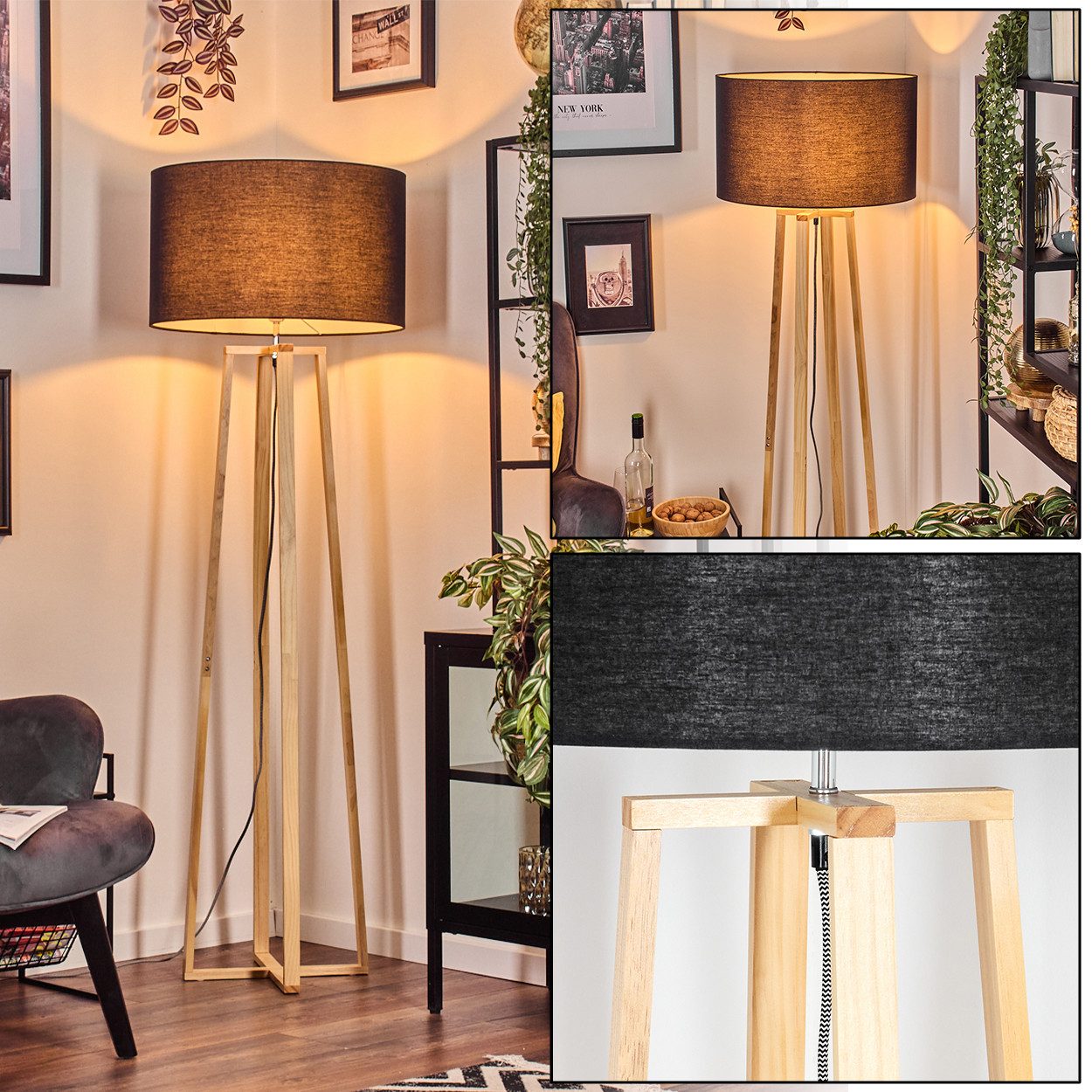 Stehlampe Stehlampe mit Holzfuß und Schirm aus Stoff