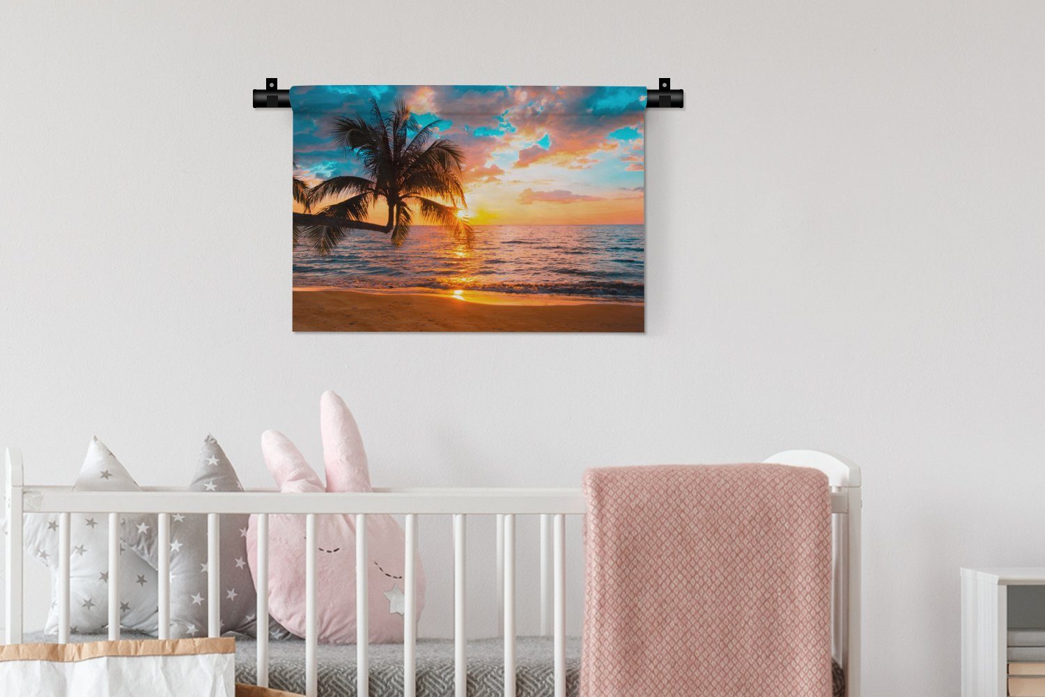 - Meer Schlafzimmer, - Strand - Kleid, - Sonnenuntergang für Horizont Wandbehang, MuchoWow Wohnzimmer, Wanddekoobjekt Kinderzimmer Tropisch, - Palme Wanddeko