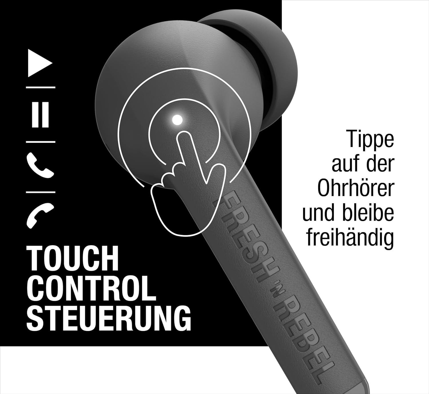 Fresh 'n Rebel True Wireless Kopfhörer mit Touch Steuerung & Mikrofon In-Ear-Kopfhörer (Die stabile Verbindung sorgt für unterbrechungsfreies Streaming, egal ob unterwegs, im Büro oder beim Sport., Bluetooth Headset mit 30h Akku, Sprachassistent und klarem Sound)