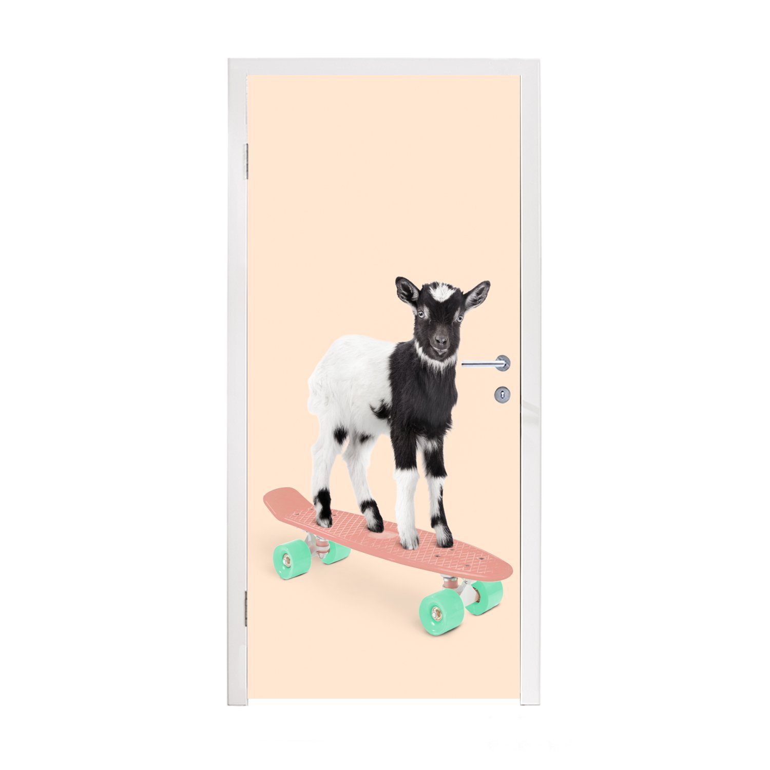 MuchoWow Türtapete Ziege - Schwarz - Skateboard - Weiß - Tiere, Matt, bedruckt, (1 St), Fototapete für Tür, Türaufkleber, 75x205 cm