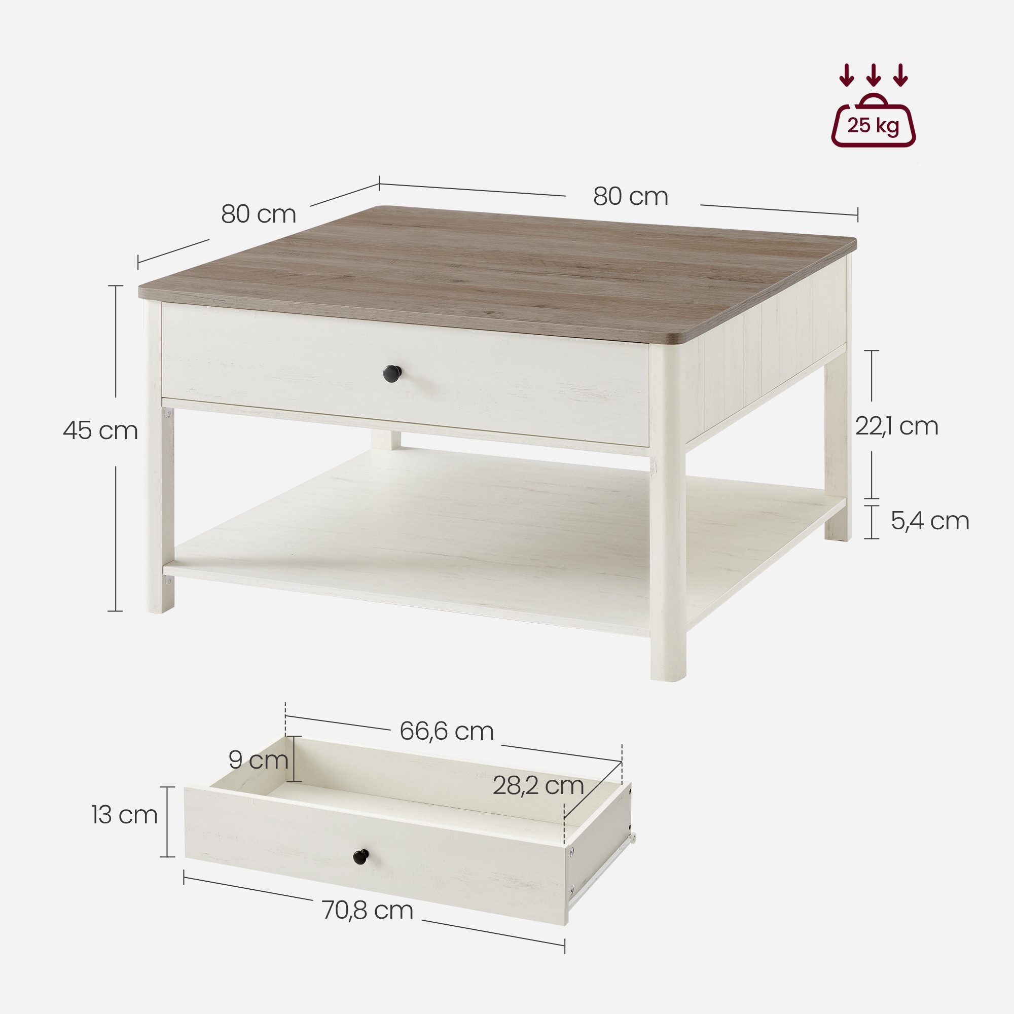 VASAGLE Couchtisch Wohnzimmertisch, 2 große Schubladen, 80 x 80 x 45 cm, für Wohnzimmer (inkl. Zubehörpaket & Anleitung), Sofatisch, viel Stauraum, Landhausstil, greige meliert-wolkenweiß