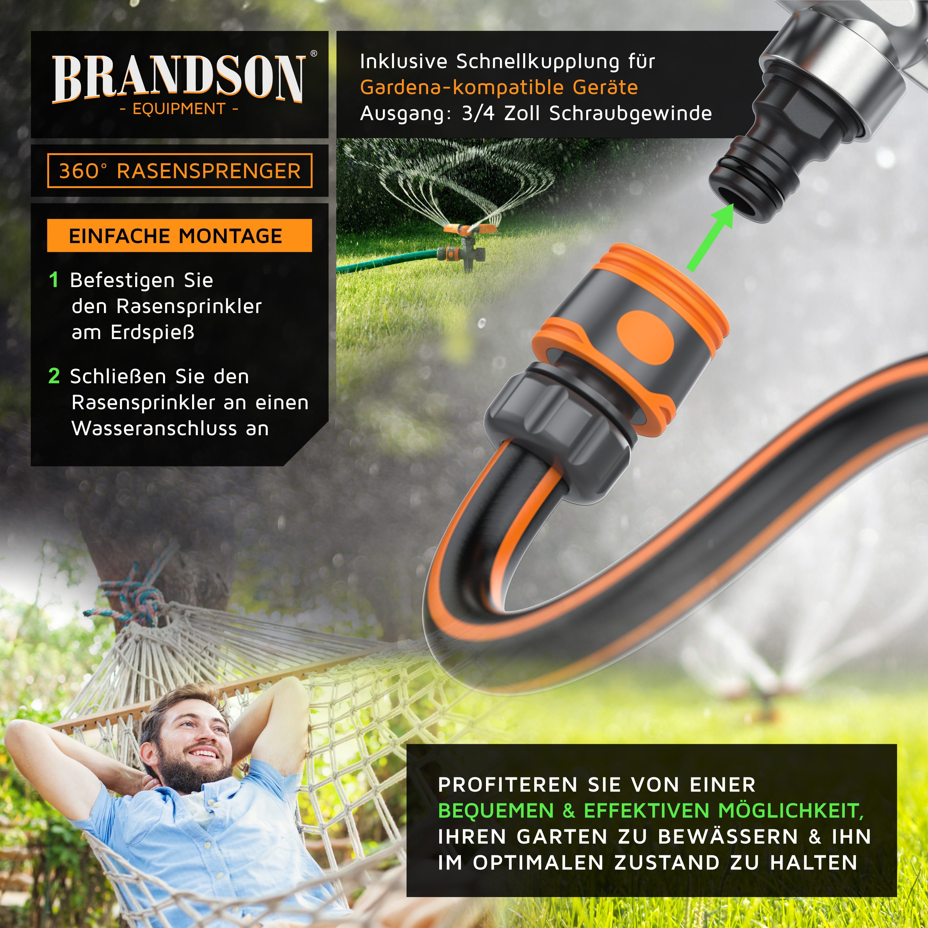 Brandson Kreisregner Garten Sprinkler, 360° Rasensprenger, 3 Arm Rasensnsprikler rotierend, für Flächen bis 80 m², 21 cm lang, (1-St), 15 Strahldüsen, 10 m Reic – Bild 4 von 5