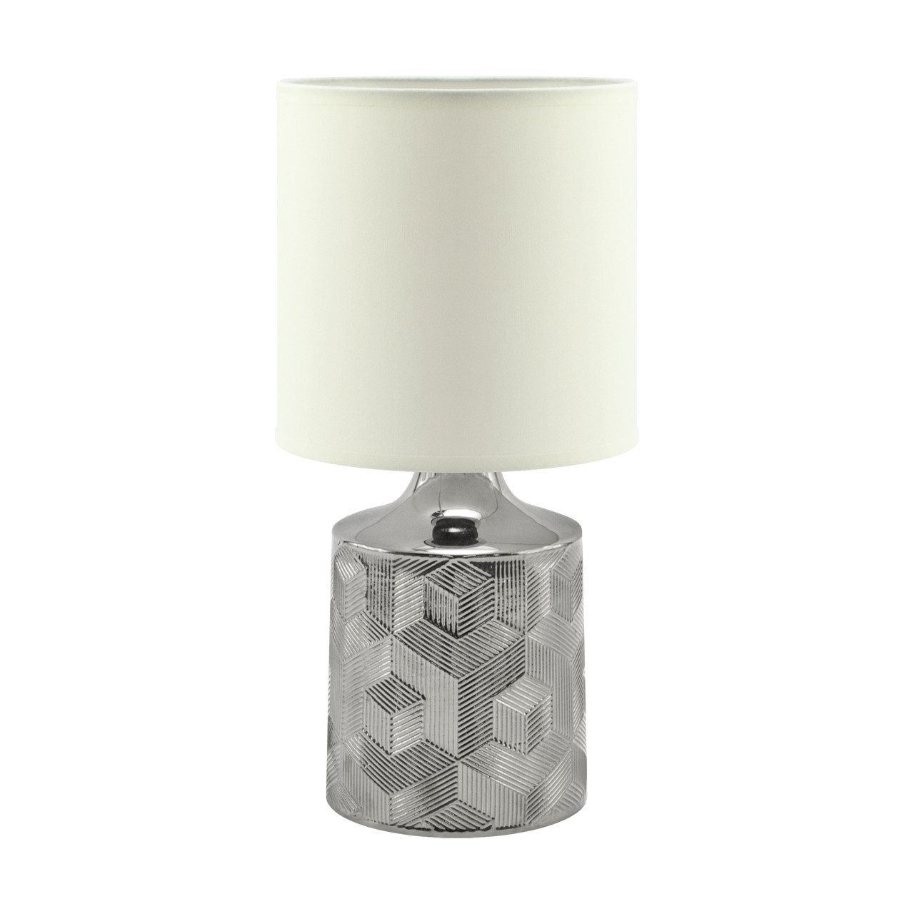 Licht-Erlebnisse Tischleuchte IVETA, ohne Leuchtmittel, Keramik Stoff E14 31 cm hoch Chrom Weiß rund Modern Keramikleuchte