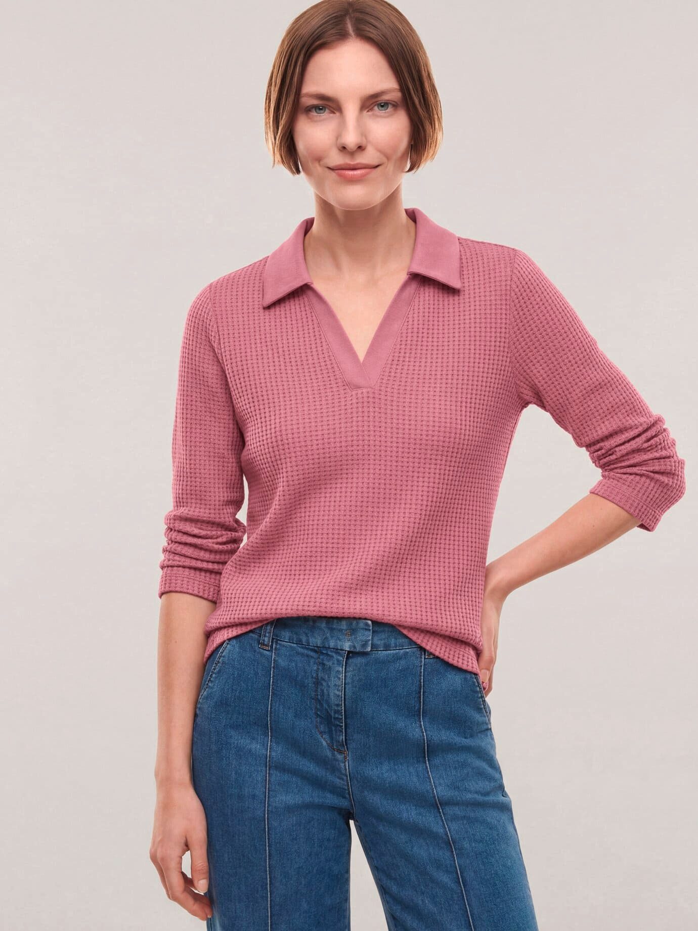 Walbusch Poloshirt Damen Poloshirt in Strickoptik Polokragen Langarm, modisch, pflegeleicht