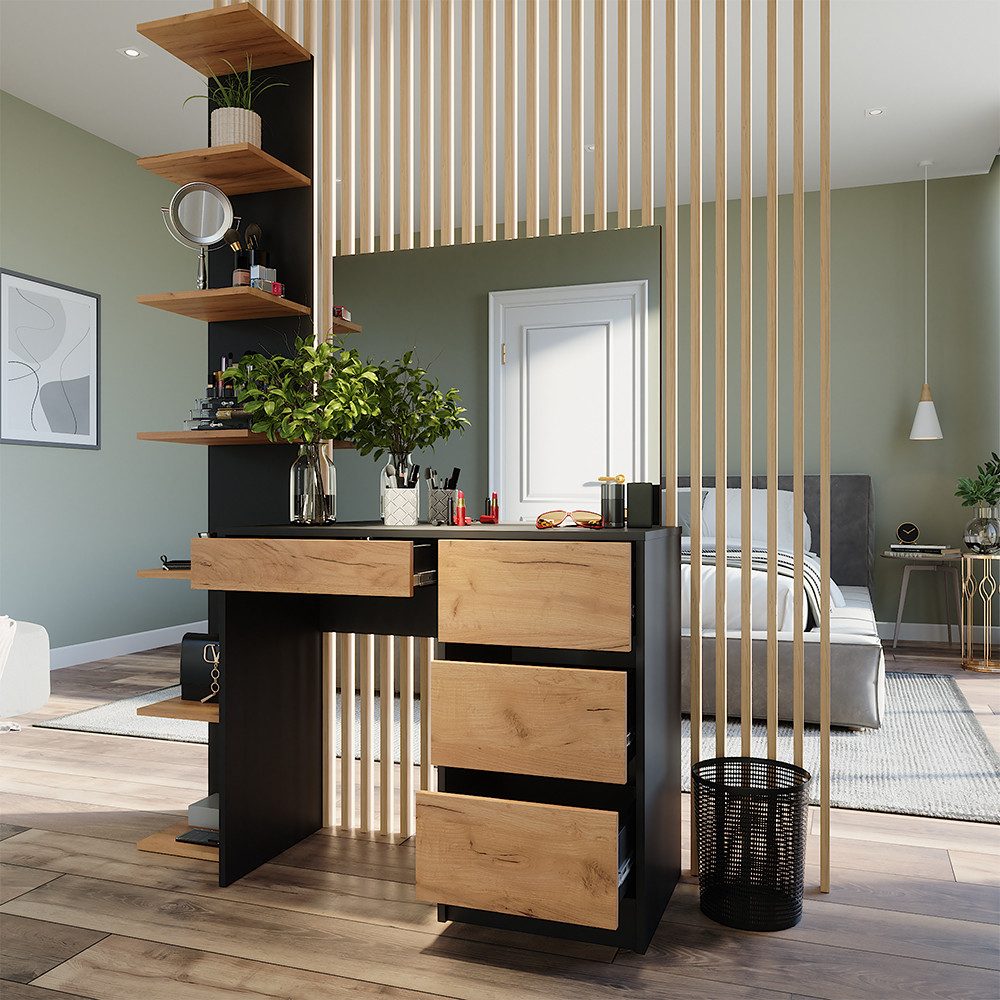 Vicco Schminktisch Sherry, Anthrazit/Goldkraft Eiche, 90 cm mit Spiegel (1-St)