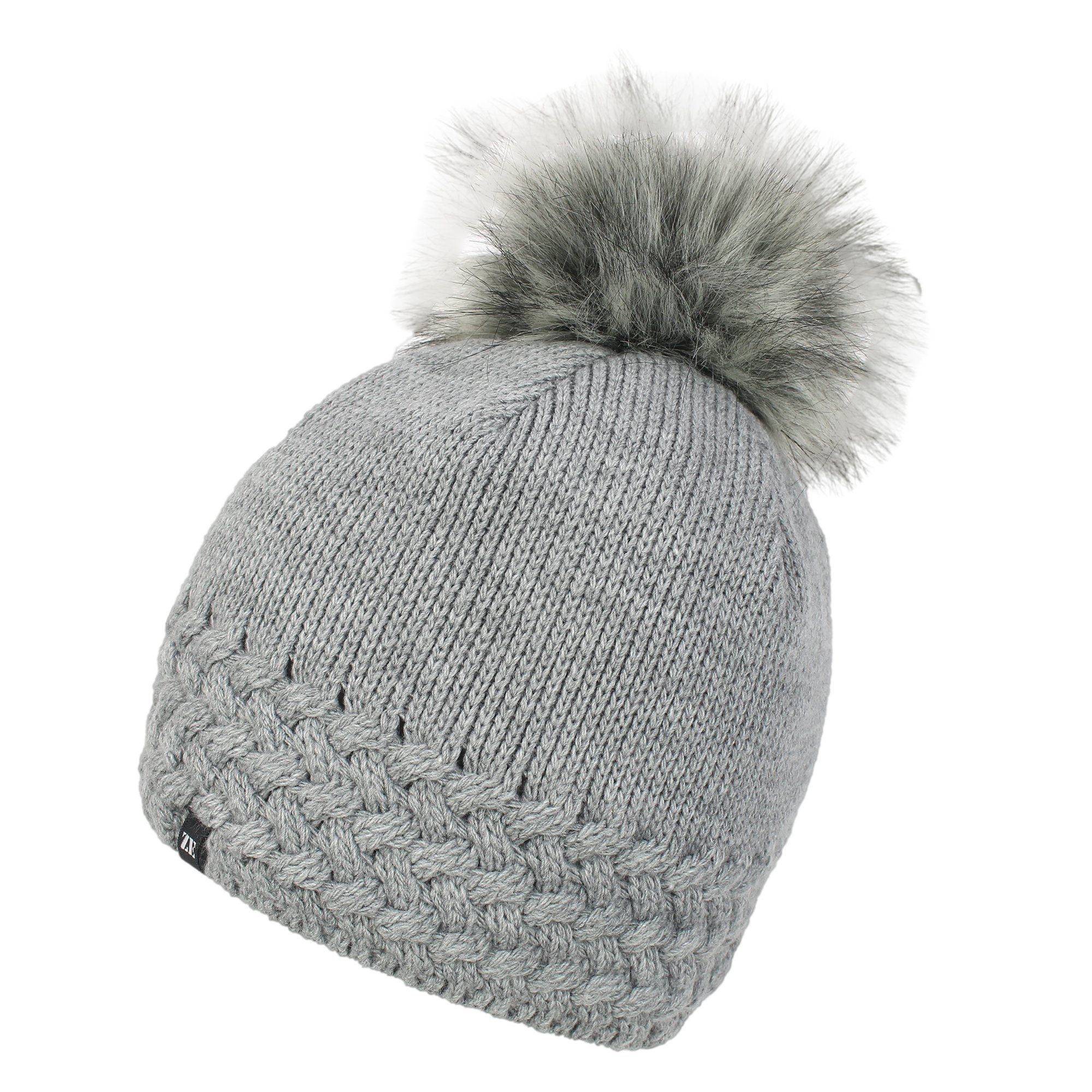 ZEBRO Strickmütze "Acora" mit Fellbommel winddicht durch vollständiges Innenfleece