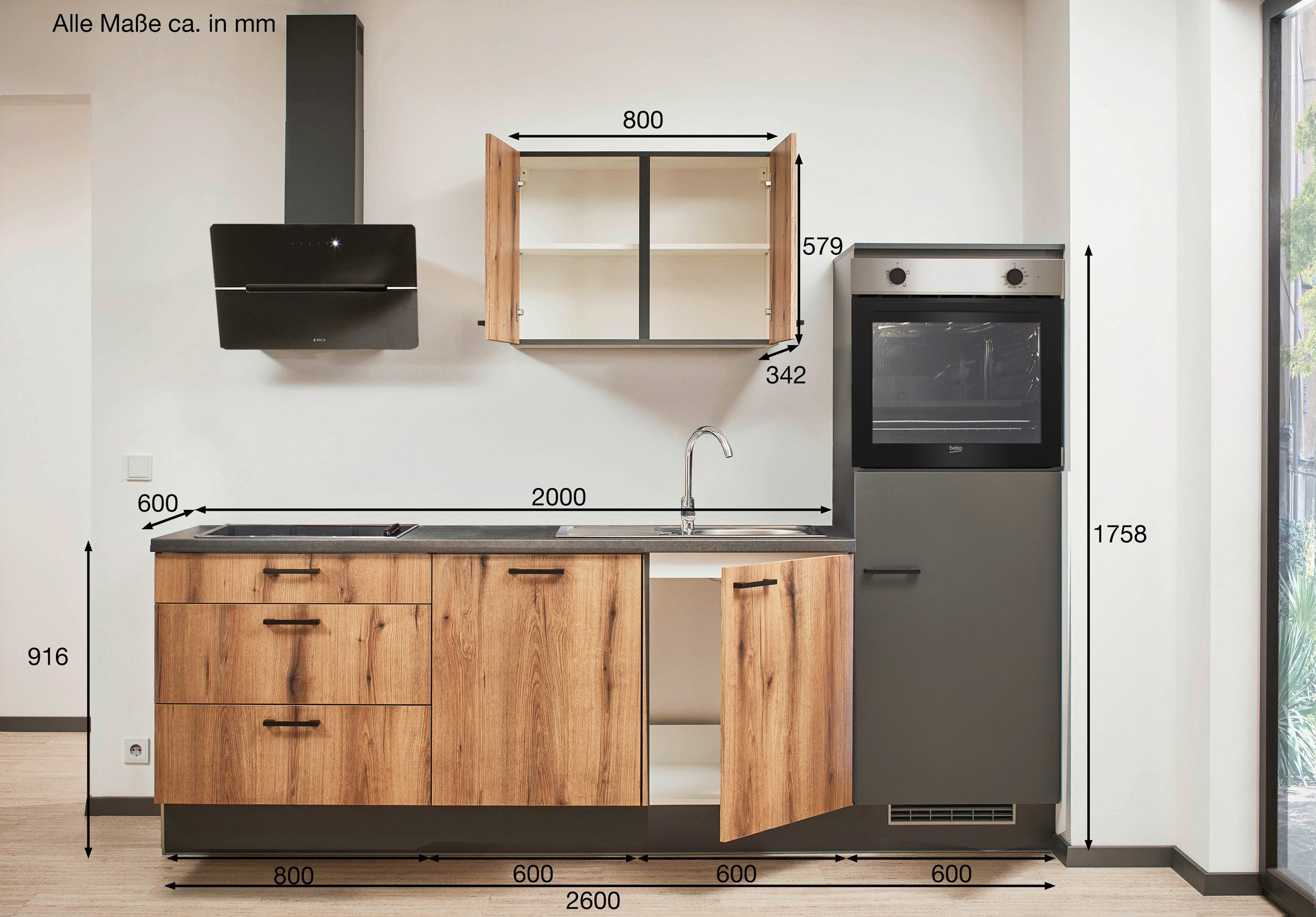 pino Küchenzeile Varberg, individuell anpassbar, gratis Küchenplanung mit Profis, (Breite 260cm), vormontiert, wahlw. mit E-Geräten, Preis inkl. Lieferung & Montage
