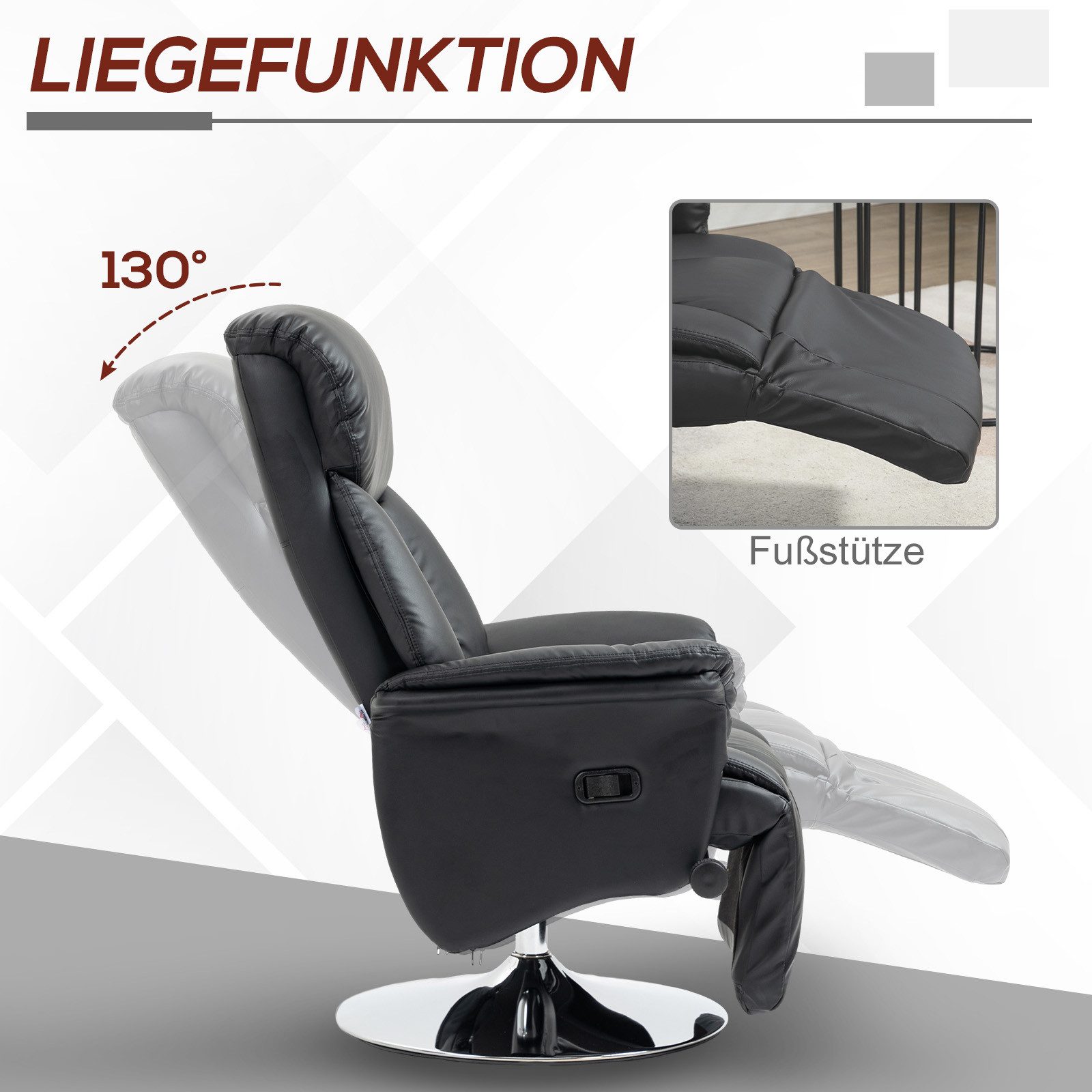 HOMCOM Relaxsessel Fernsehsessel mit Liegefunktion, drehbar, gepolstert, Ruhesessel (Fernsehsessel, 1-St., Liegesessel), für Wohnzimer, Schwarz – Bild 4 von 5