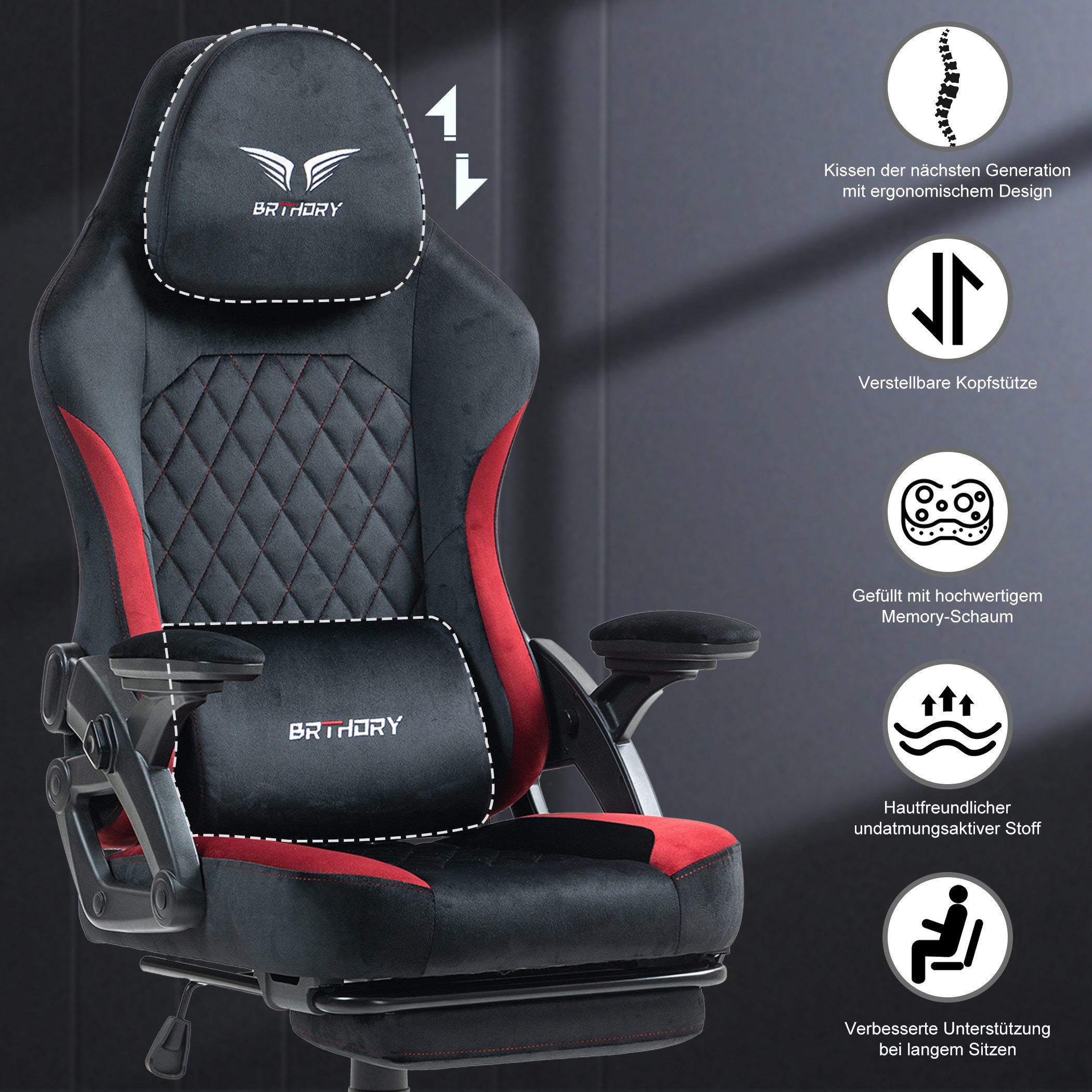 BRTHORY Gaming-Stuhl Rmit Verstellbare Kopfstütze Wippfunktion, 135°, Schwarz Rot