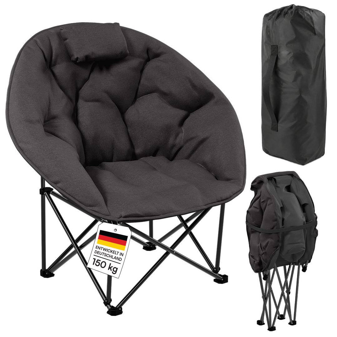 STEELSØN Campingstuhl Hoggar, Campingbank & Moonchair, Klappstuhl mit Seitentasche (schwarz, 55 cm breit), XXL Moonchair faltbar, Campingstuhl mit Kopfkissen, bis 150 kg