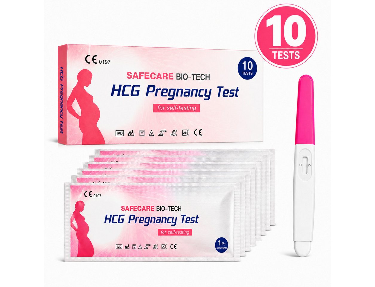 Safecare Bio-Tech Schwangerschaftstest Frühtest 25 miu/ml Ultra Empfindlich HCG Midstream Urin, 1 Messparameter, Testkasette, 10-tlg., Urinprobe, Schnelle Ergebnisanzeige, Qualitätstest, Zertifiziertes Marke