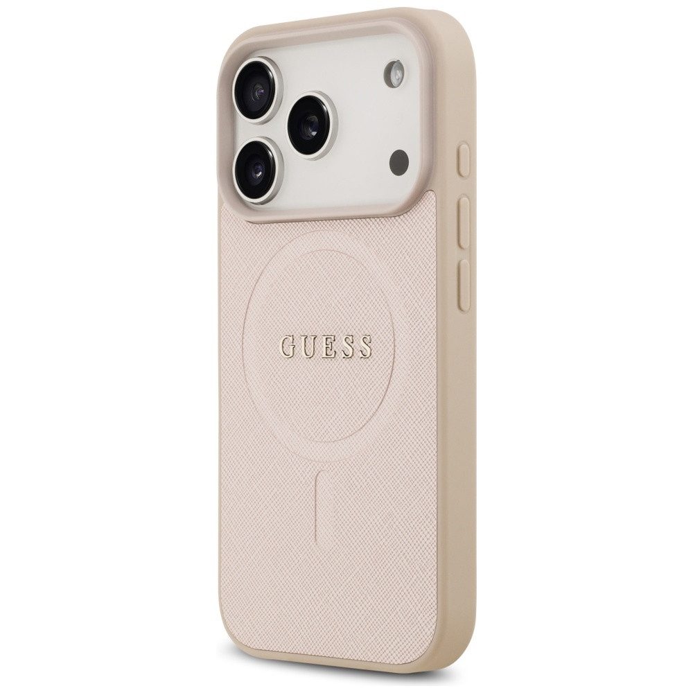 Guess Handyhülle iPhone 17 Pro Kunstleder geprägt rosa Logo goldfarbig MagSafe 6,3 Zoll, Kantenschutz
