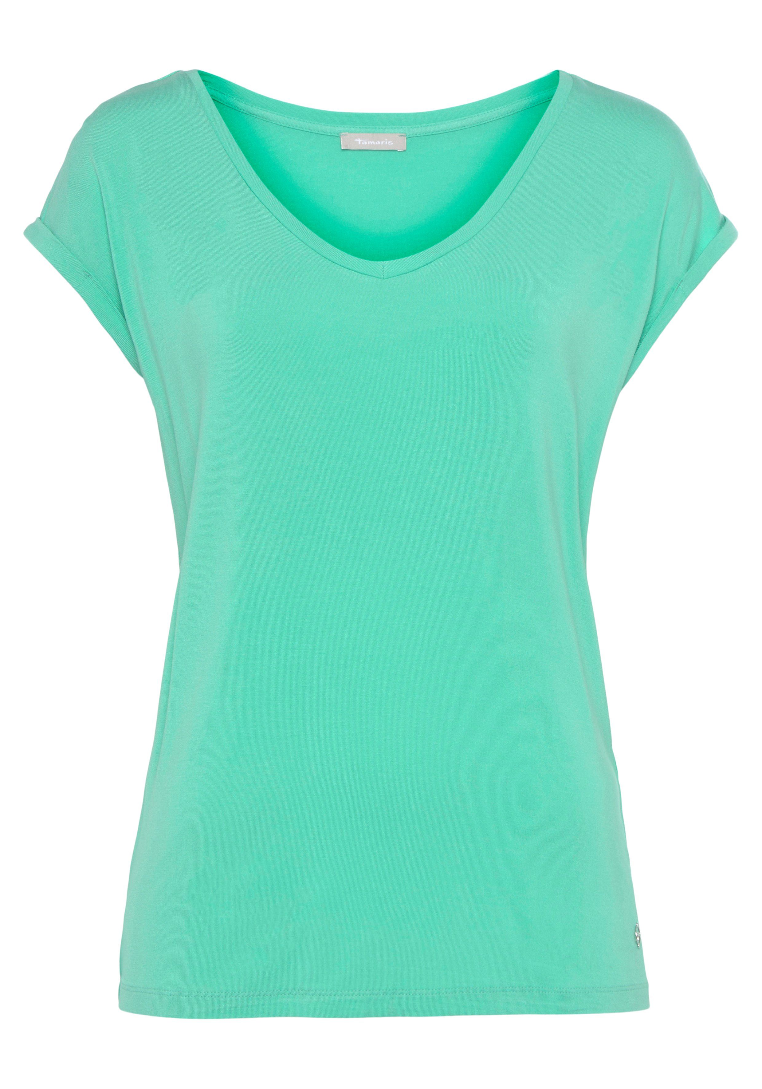 Tamaris V-Shirt mit lockerer neonmint Passform