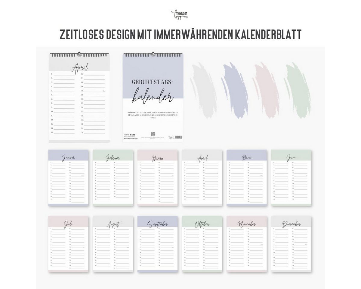 Thumbnail - Things of Happiness Wandkalender Geburtstagskalender, Geburtstagsübersicht, ohne Jahresangabe immerwährend