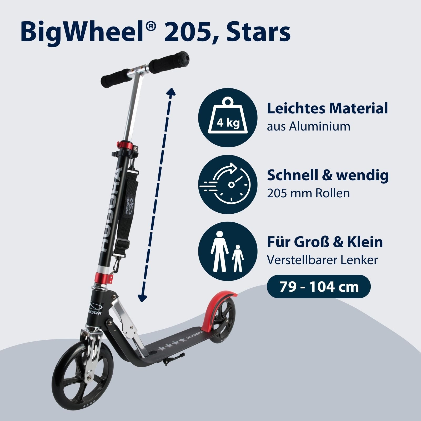 Hudora Cityroller BigWheel® 205 Tretroller - Höhenverstellbar & zusammenklappbar, (Kinder- & Erwachsenenroller für bis zu 100kg - Tretroller mit Ständer, Stabiler Aluminium-Roller), einklappbarer, höhenverstellbarer Kick-Scooter