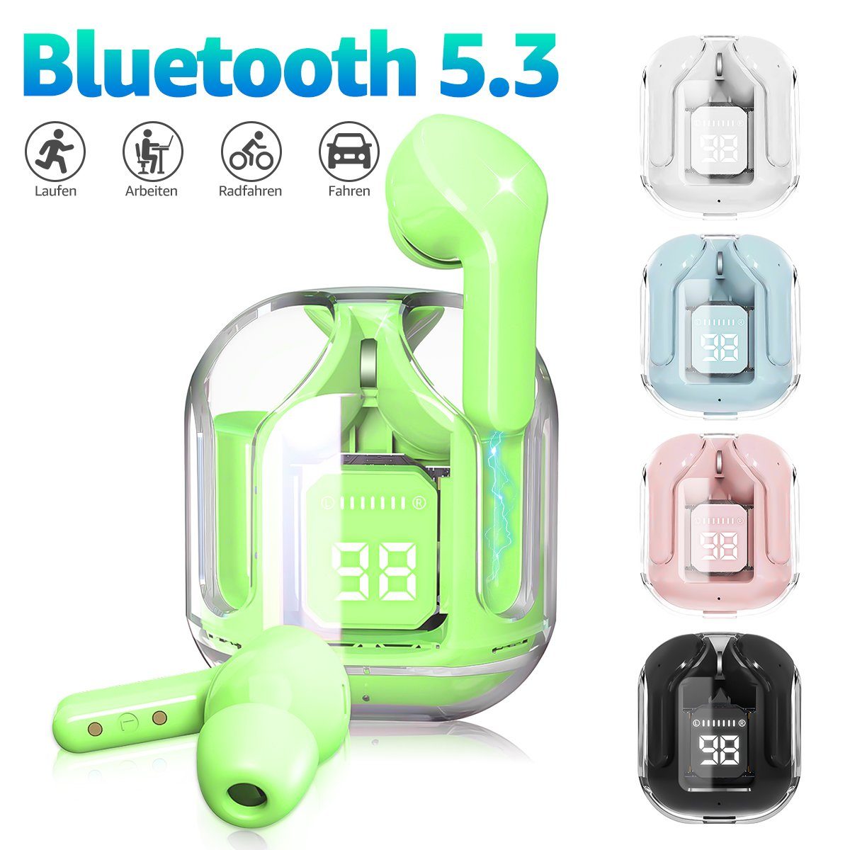 MOOHO wireless In Ear Kopfhörer, Bluetooth Kopfhörer Sport-Kopfhörer (Kabellose Kopfhörer Bluetooth 5.3 Stereo HiFi-Kopfhörer, LED Anzeige 25 Std IPX7 Wasserdicht Wireless Earbuds Mini Ladebox) Fluoreszierendes Grün