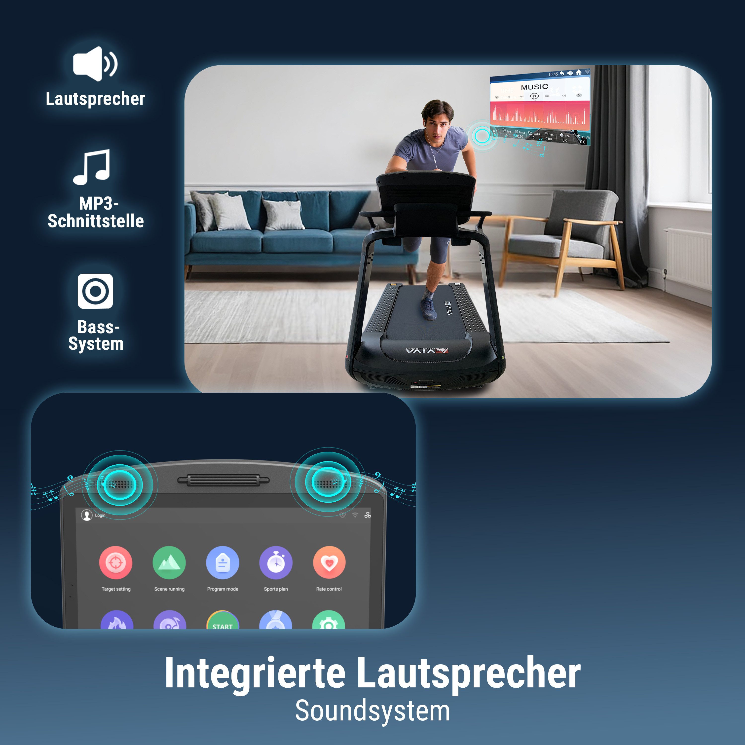 AsVIVA Laufband T22 Pro Studio, 23,5″ Android-Touchscreen, 20 km/h, 21 % Steigung, 9 PS Spitzenleistung, 21 % Steigung, 23,5" Touchscreen & Wi-Fi – Bild 5 von 5