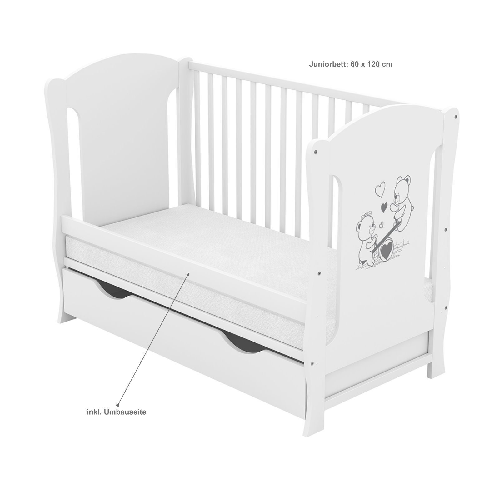Baby-Delux Babybett Lia, Kinderbett 60x120 cm weiß Schublade Kiefer Teddy Wippe Motiv Matratze