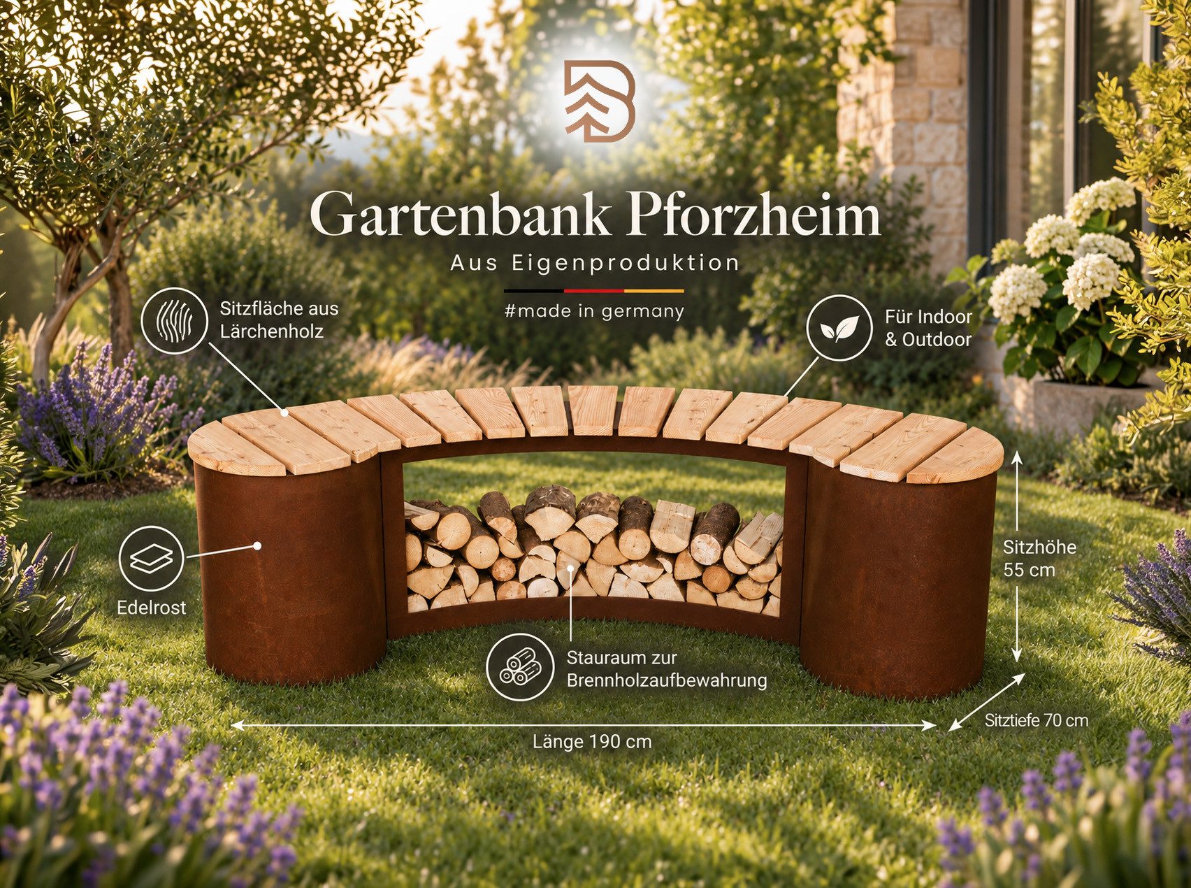 BADEKO Gartenbank Gartenbank Pforzheim aus Lärchenholz und Edelrost/Cortenstahl, Sitzfläche aus unbehandeltem Lärchenholz