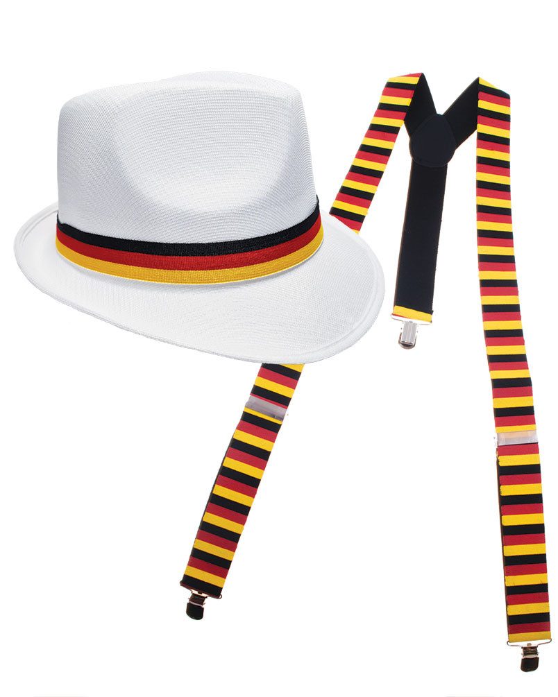 Karneval-Klamotten Kostüm Hosenträger Deutschland mit Party Hut weiß, Weltmeisterschaft WM EM Fan Artikel Fußball Party