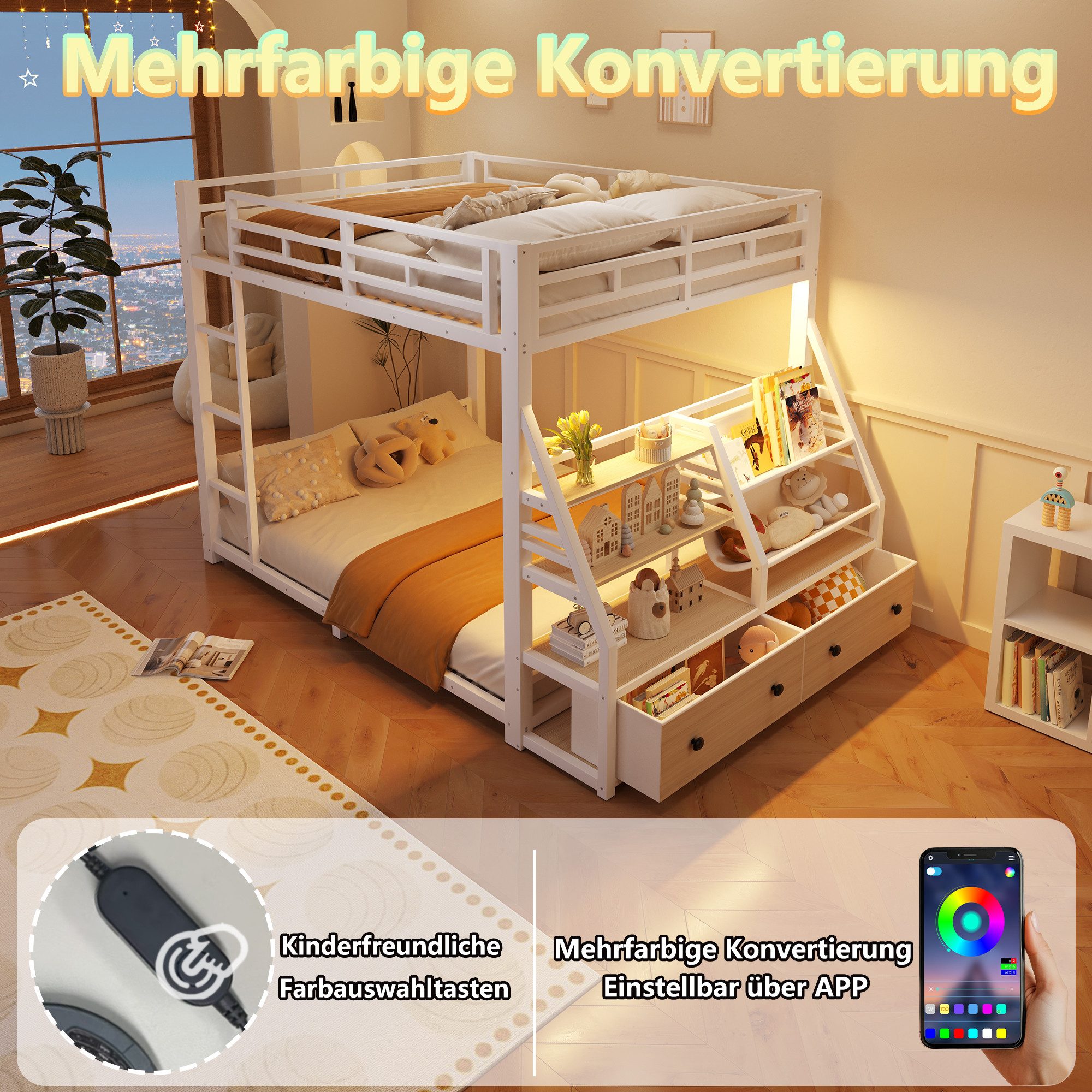 Merax Etagenbett mit LED-Beleuchtung, Metallbett (Jugendbett Stockbett Doppelbett, 1-St), Kinderbett 140x200cm mit Stoffschubladen Ablagefächern Leiter Geländer – Bild 5 von 5