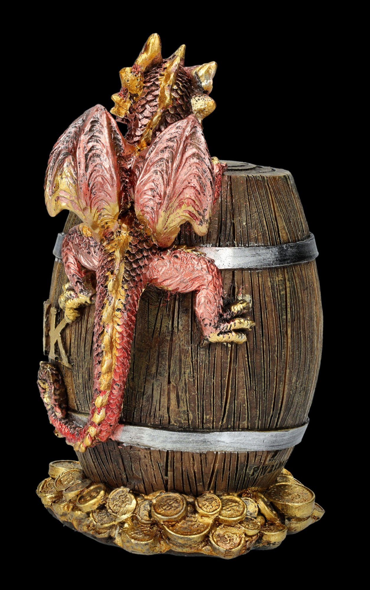 Figuren Shop GmbH Spardose Spardose - Drache auf Faß - Fantasy Sparbüchse Dekoration