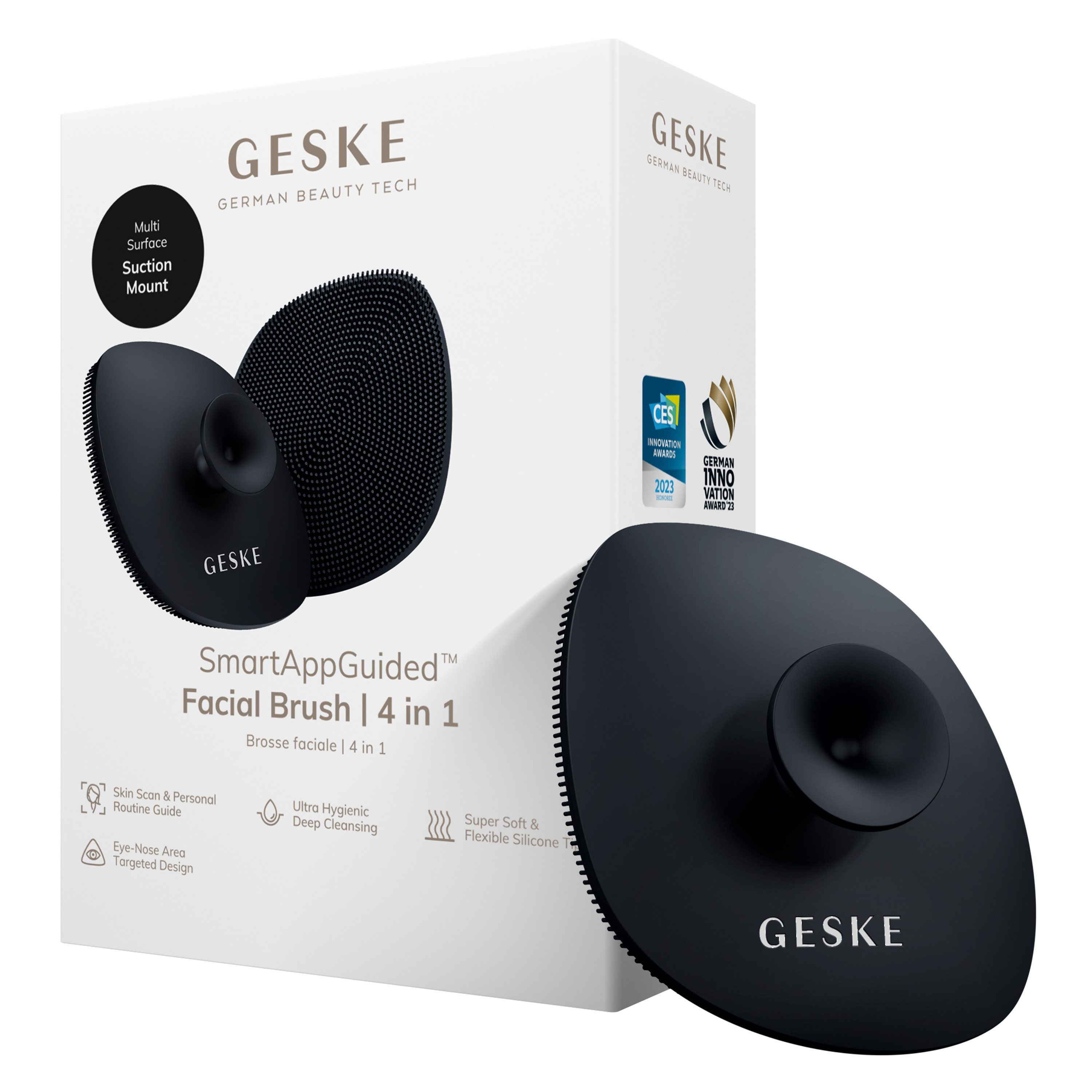 GESKE German Beauty Tech Gesichtsreinigungsbürste SmartAppGuided™ Facial Brush 4 in 1, Packung, 1-tlg., inkl. kostenloser APP (SmartAppGuided Device), Mit der GESKE App erhältst Du deine personalisierte Hautpflegeroutine.